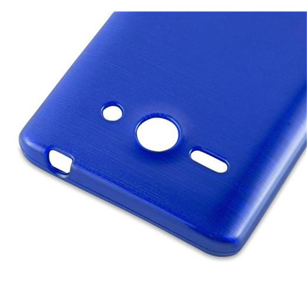 Custodia per telefono blu. La parte superiore ha aperture per la fotocamera e altre funzioni. Sfondo bianco.
