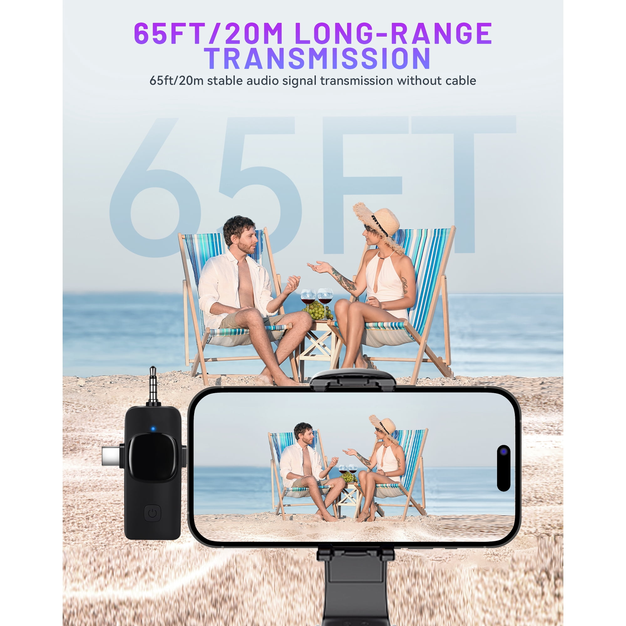 Kabelloses Mikrofon-Set mit zwei Personen am Strand. Text: 65FT/20M GROSSE REICHWEITE.