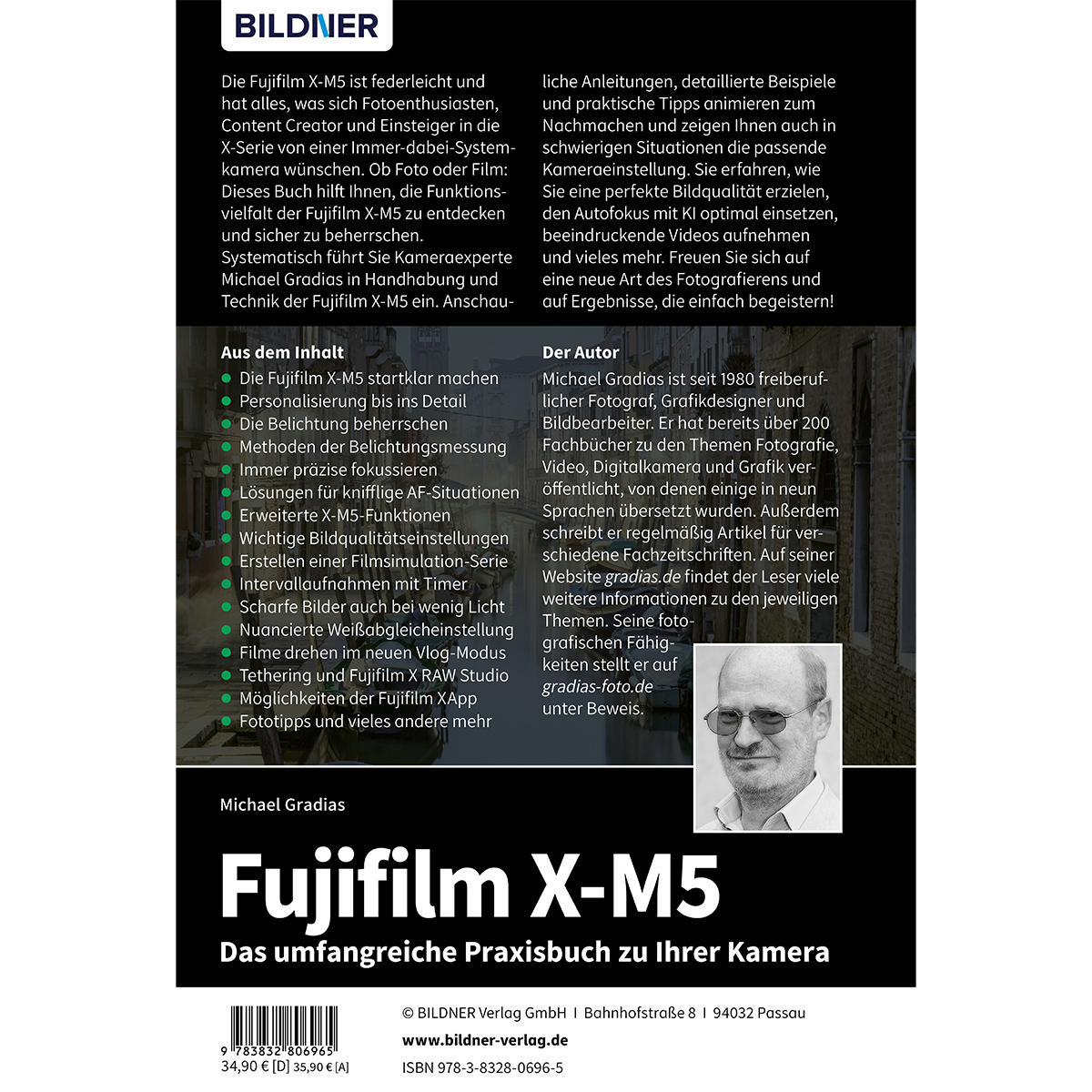 Buchcover mit Text, einem Portrait und einem Hintergrund. Das Buch konzentriert sich auf Details der Fujifilm X-M5.