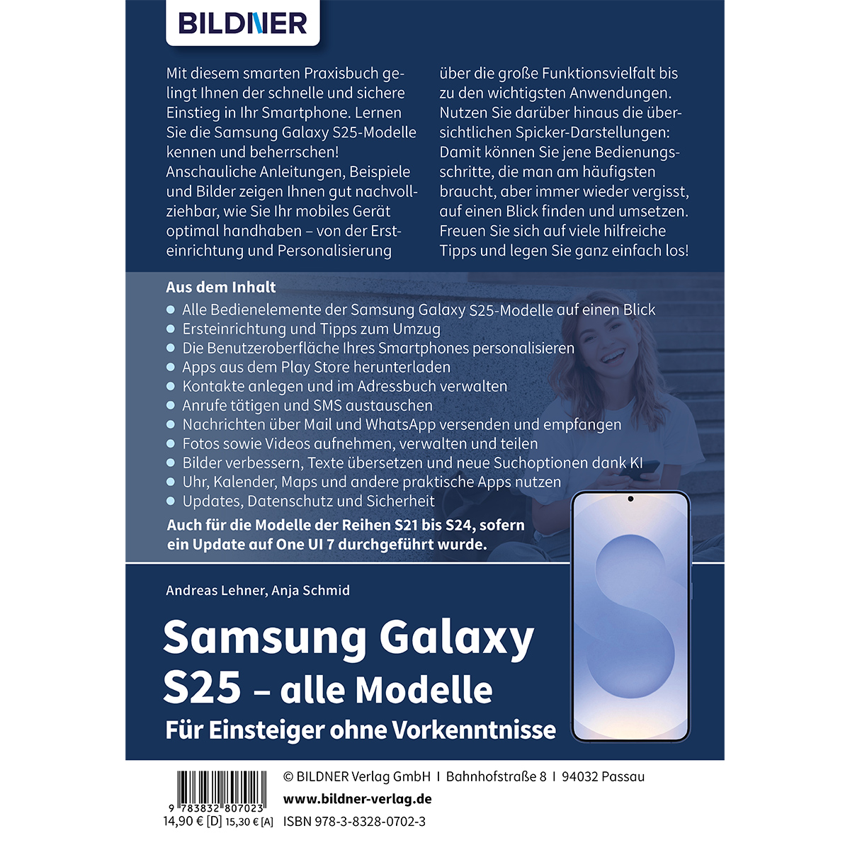 Buchcover mit Titel 'Samsung Galaxy S25' und Bildern von Telefon und lächelnder Frau.
