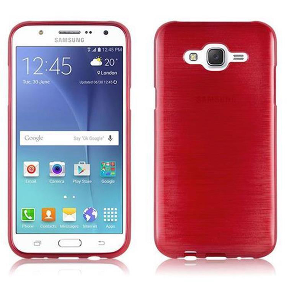 Telefono bianco e rosso con custodia rossa. Lo schermo mostra l'ora e le app.