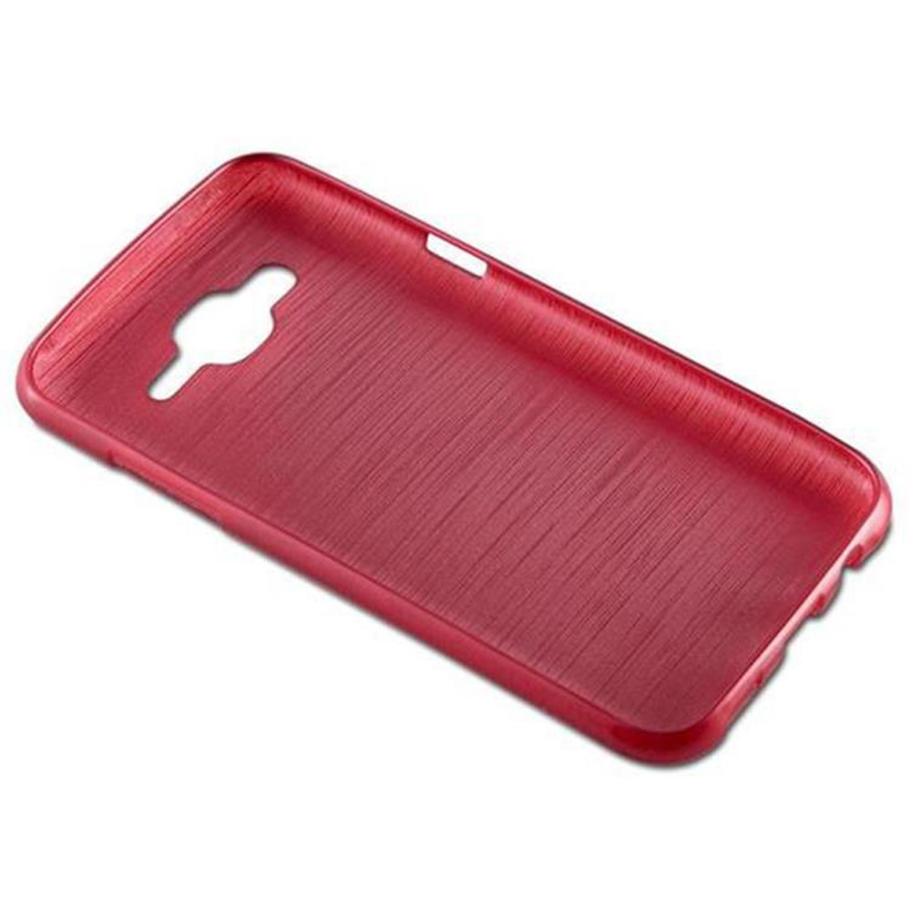 Custodia rossa per telefono. La custodia ha ritagli per la fotocamera e altre funzioni.