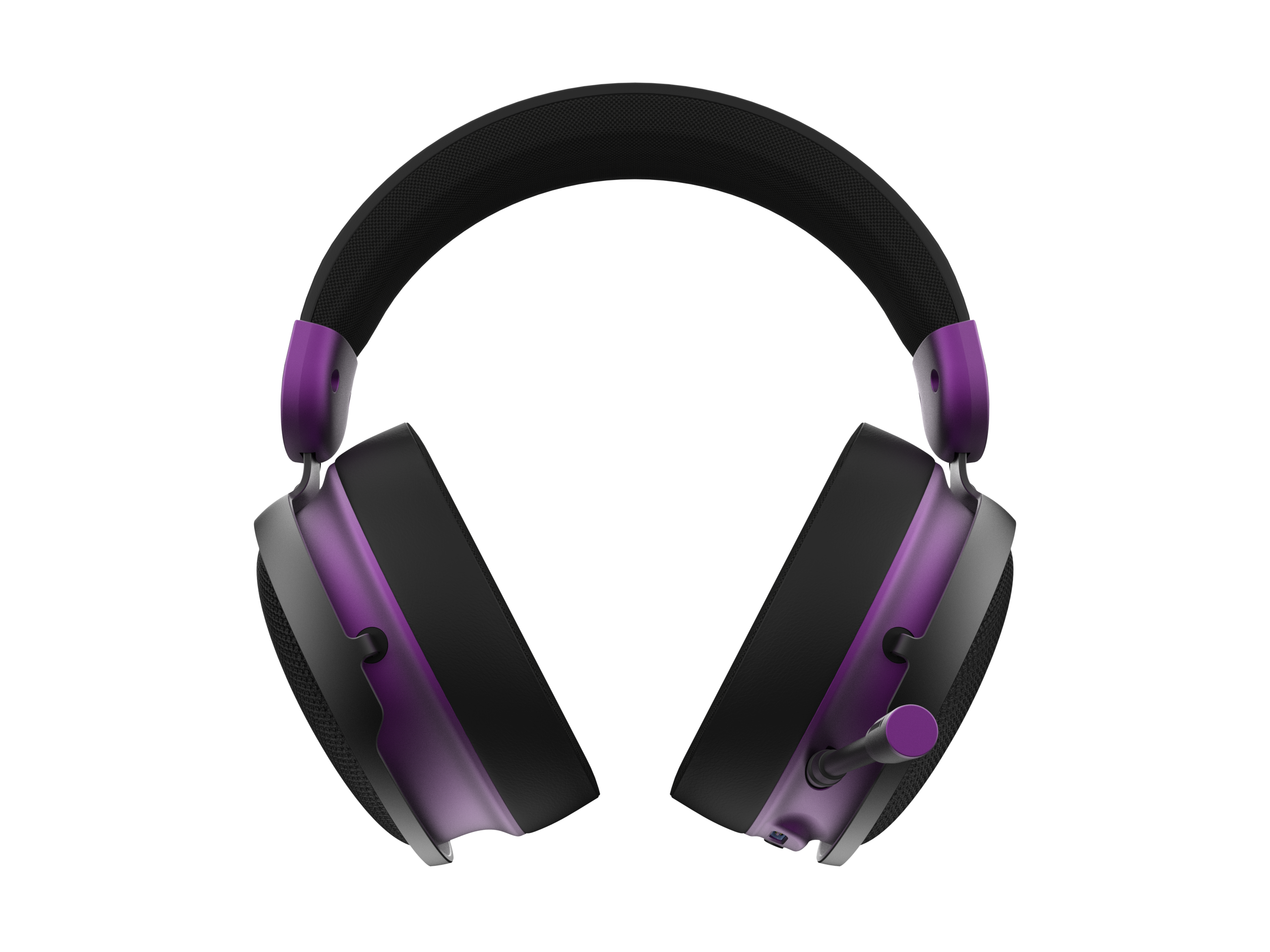 Cuffie nere con accenti viola. Le cuffie sono sovraurali e hanno un microfono.