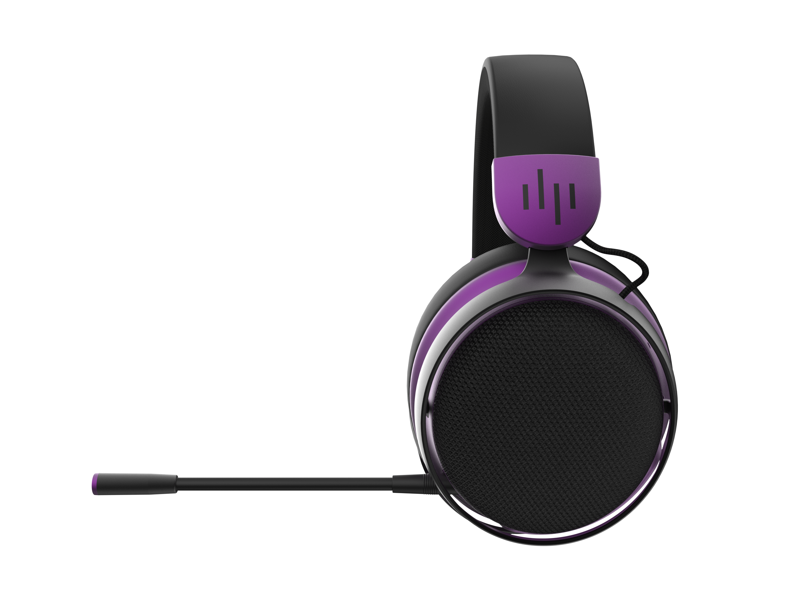 Cuffie da gioco viola e nere con microfono. Le cuffie sono su sfondo nero.