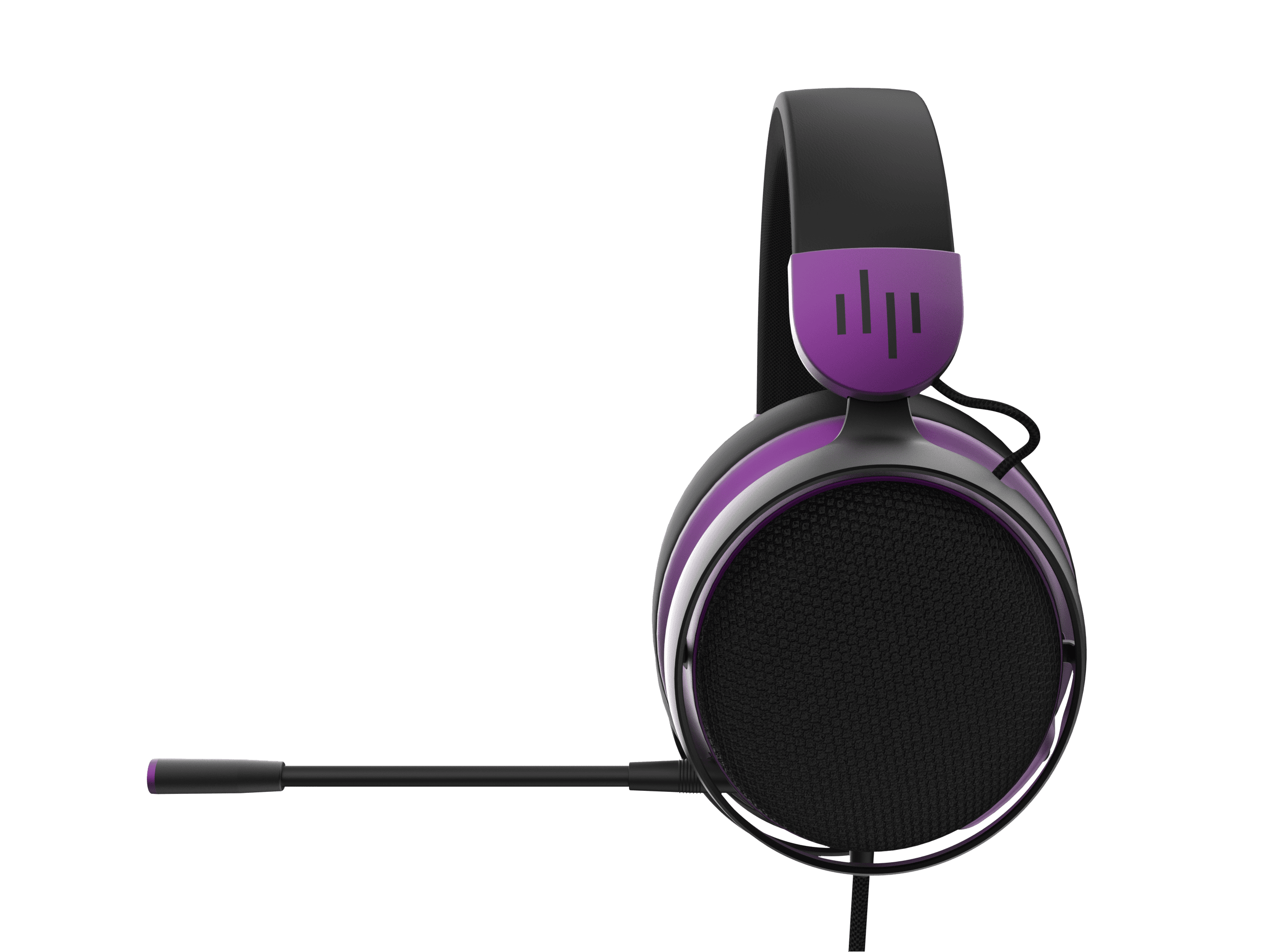 Ein lila-schwarzes Headset mit Mikrofon. Das Headset hat ein kreisförmiges Ohrmuscheldesign.