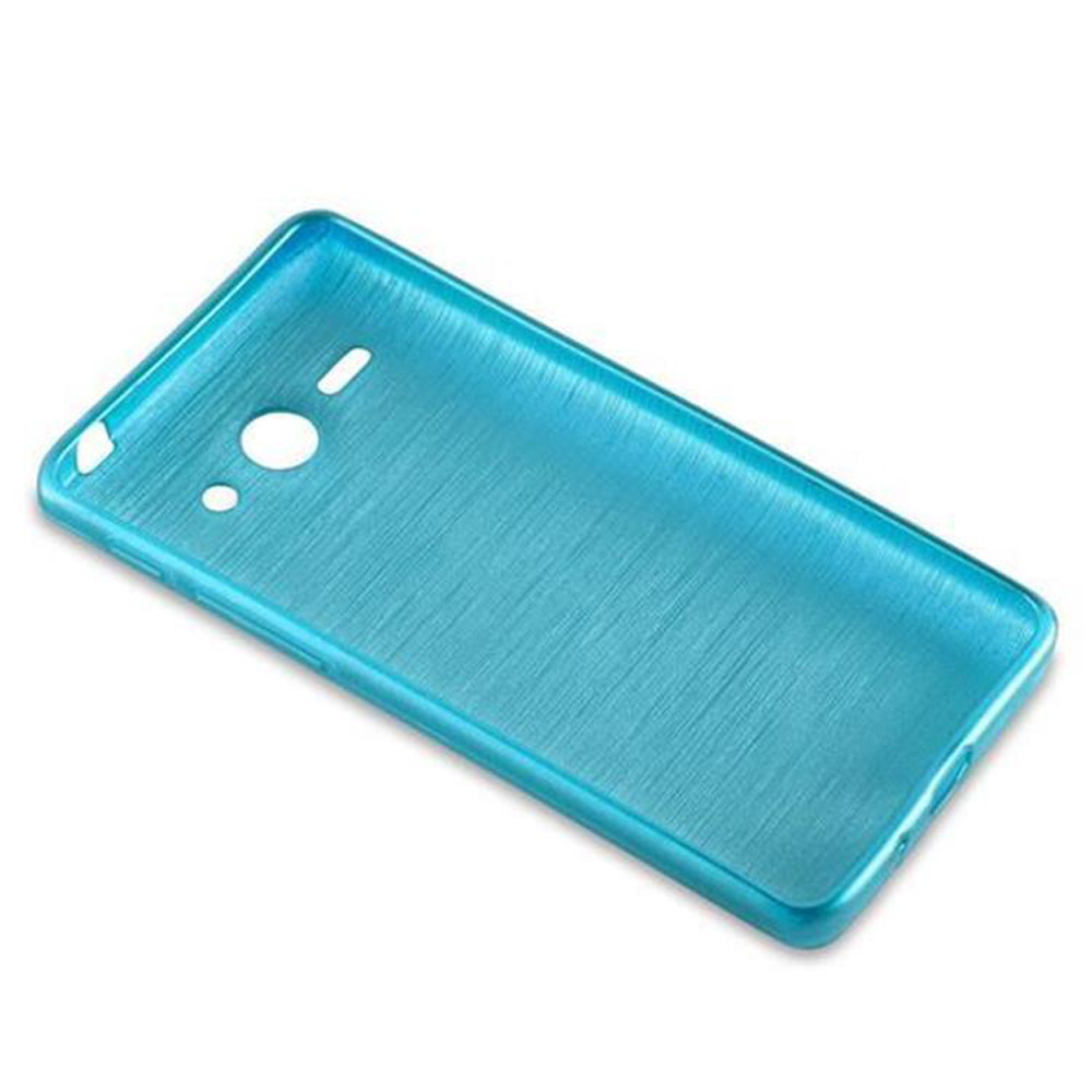 Custodia blu per telefono. Ha dei fori per la fotocamera e altre funzioni del telefono.