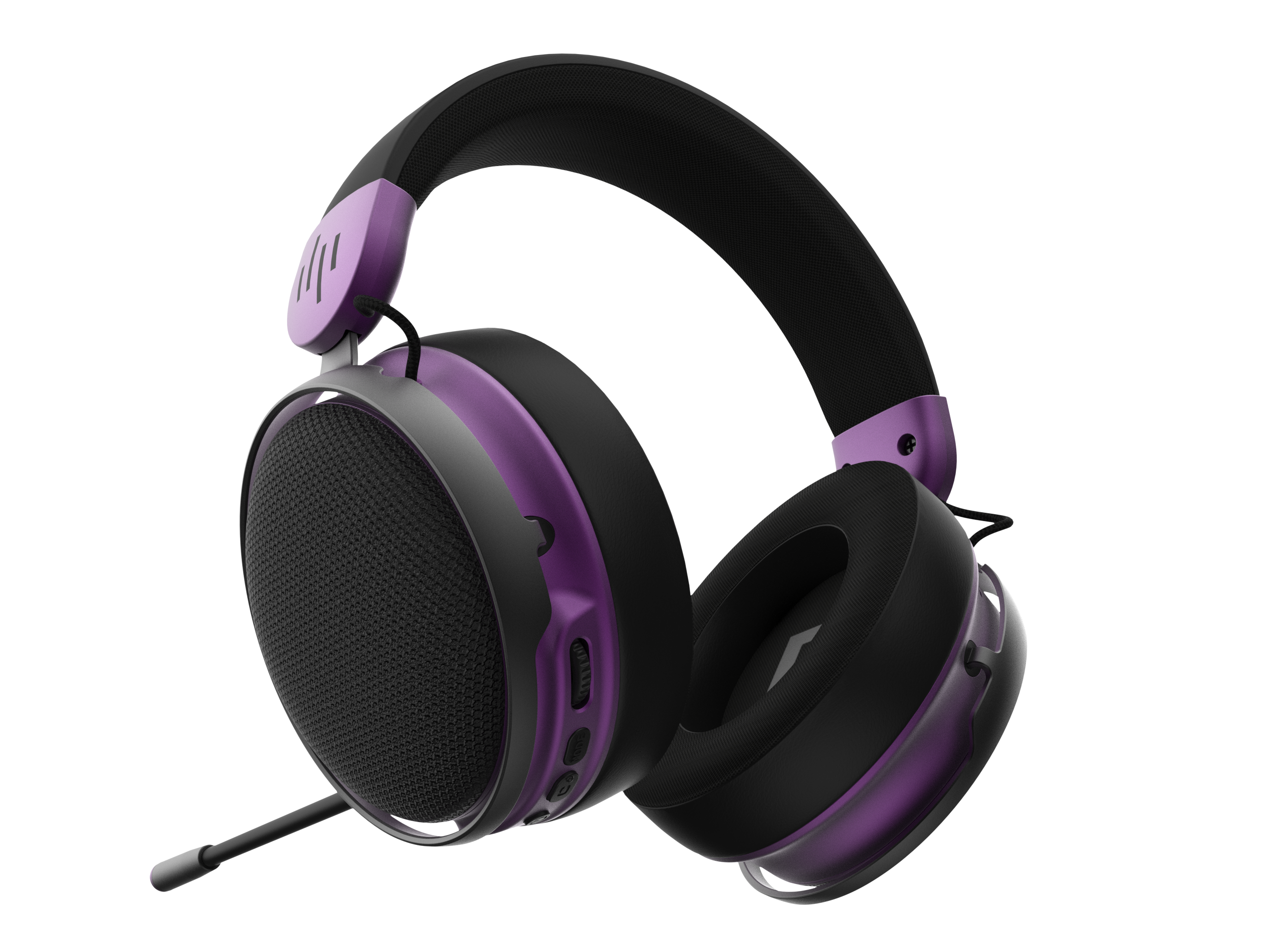 Cuffie da gioco nere e viola con microfono su sfondo scuro.