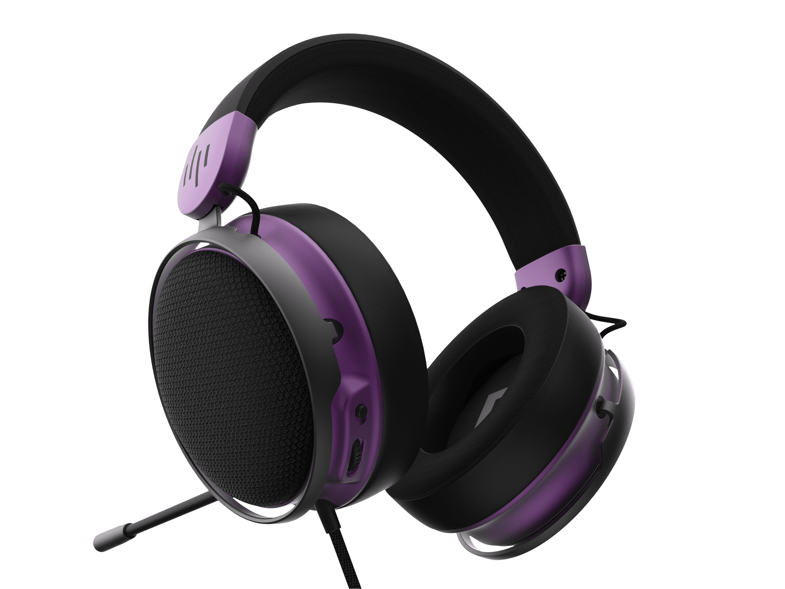Lila-schwarzes Gaming-Headset mit Mikrofon, vor transparentem Hintergrund.