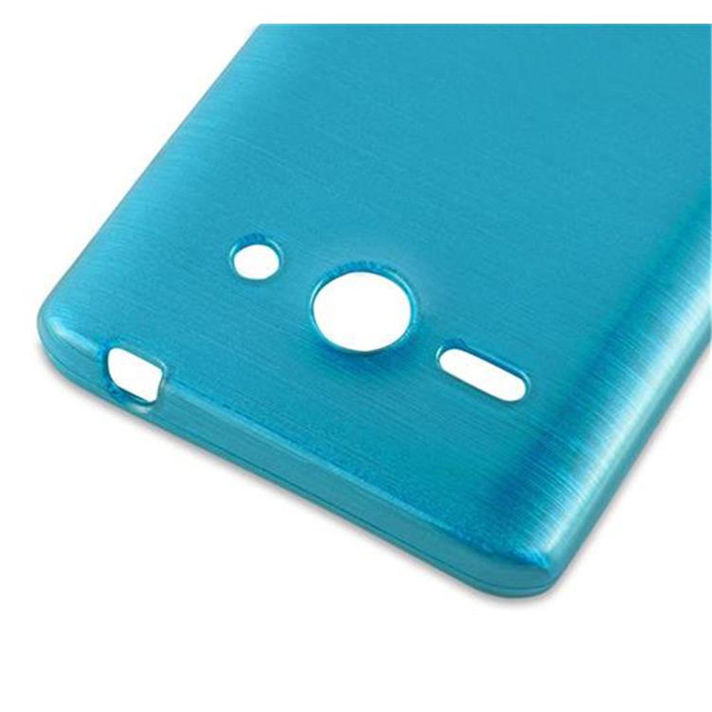 Custodia blu per telefono. Il retro ha fori per fotocamera e altre funzioni.