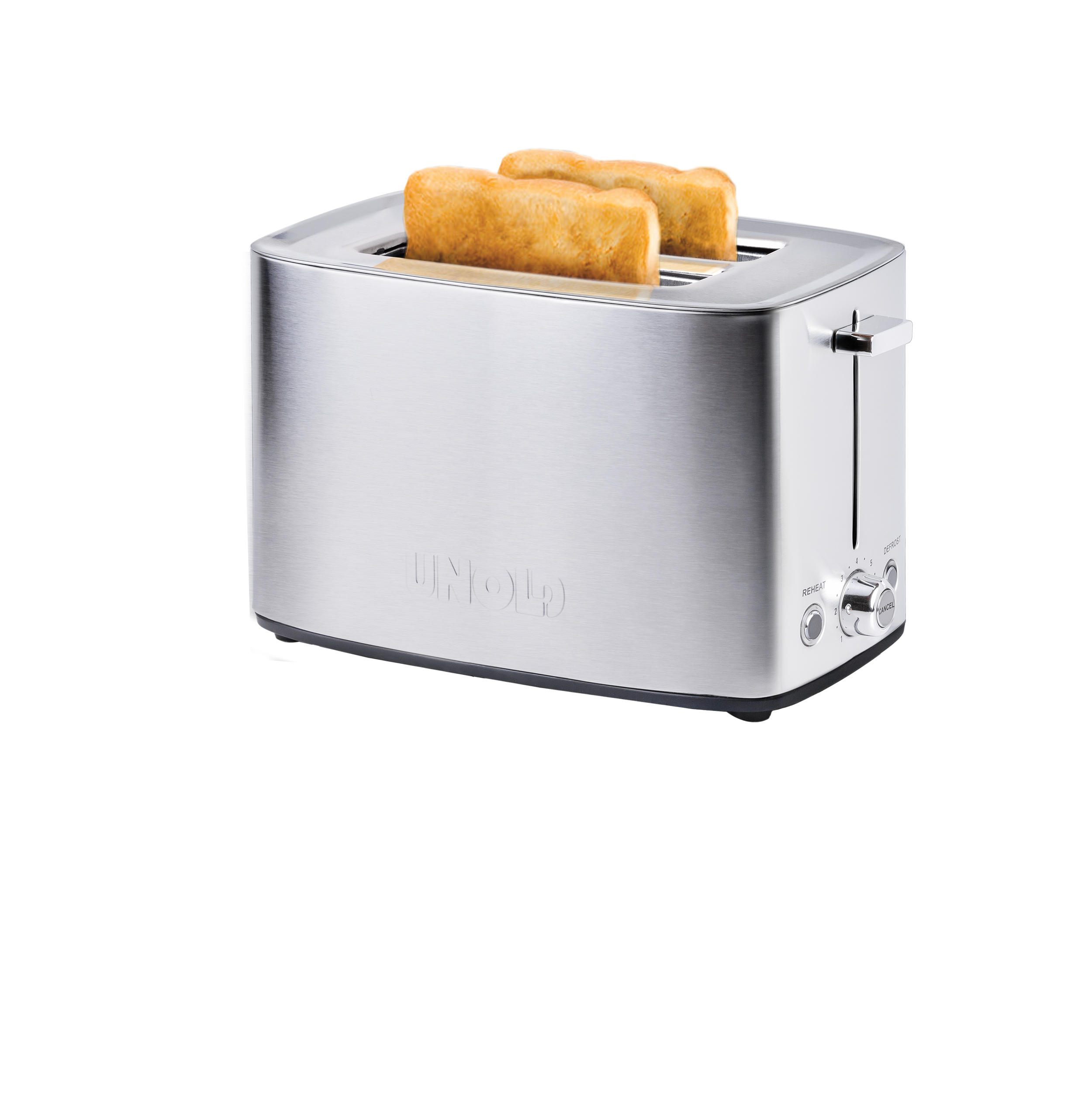 Srebrny toster Unold z dwoma kromkami tostów. Jest na białym tle.