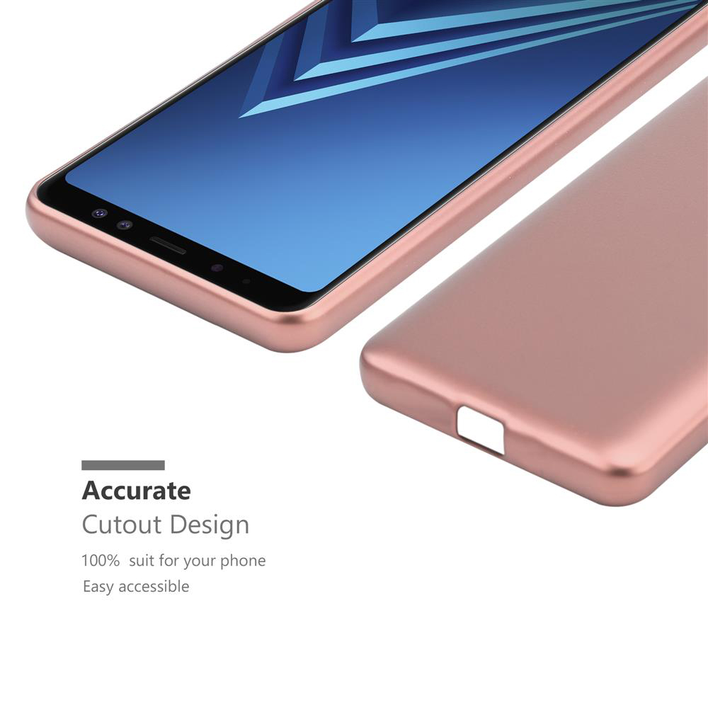Un telefono e una custodia oro rosa sono mostrati. La custodia ha ritagli precisi per le funzioni del telefono.