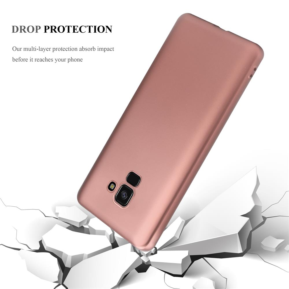 Telefono in una custodia oro rosa. Il telefono viene mostrato con la custodia e su una superficie bianca.
