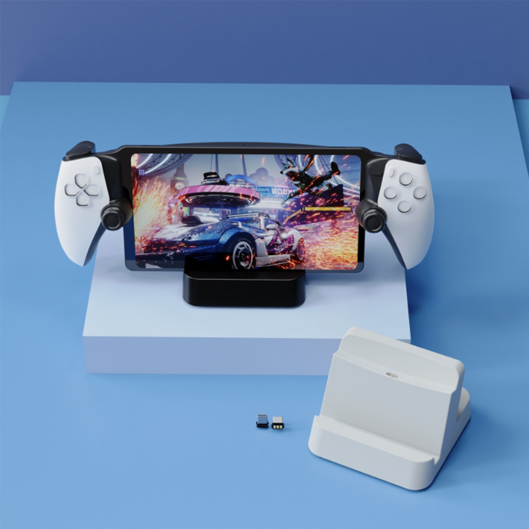 Ein weißer Gamecontroller mit einem Telefon darin. Das Telefon zeigt ein Autorennen.