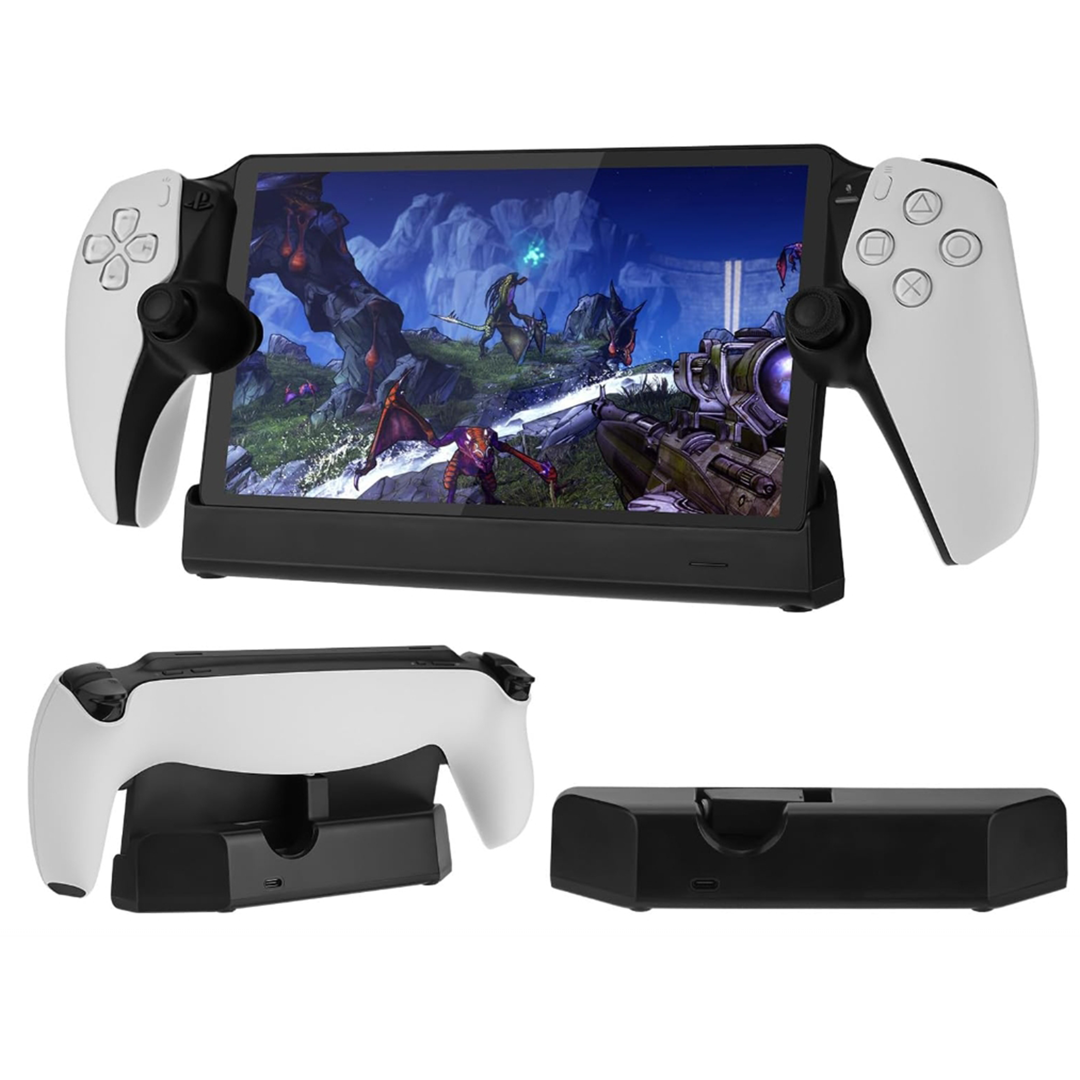 Schwarzer Controller und Ständer mit Bildschirm, der ein Spiel anzeigt. Zwei weiße Controller sind befestigt.