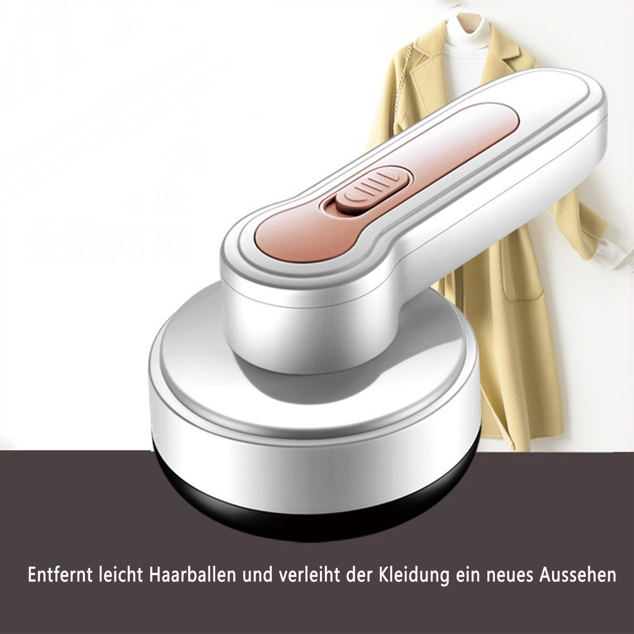 Gerät zum Entfernen von Fusseln von Kleidung; weiß mit braunem Oberteil.