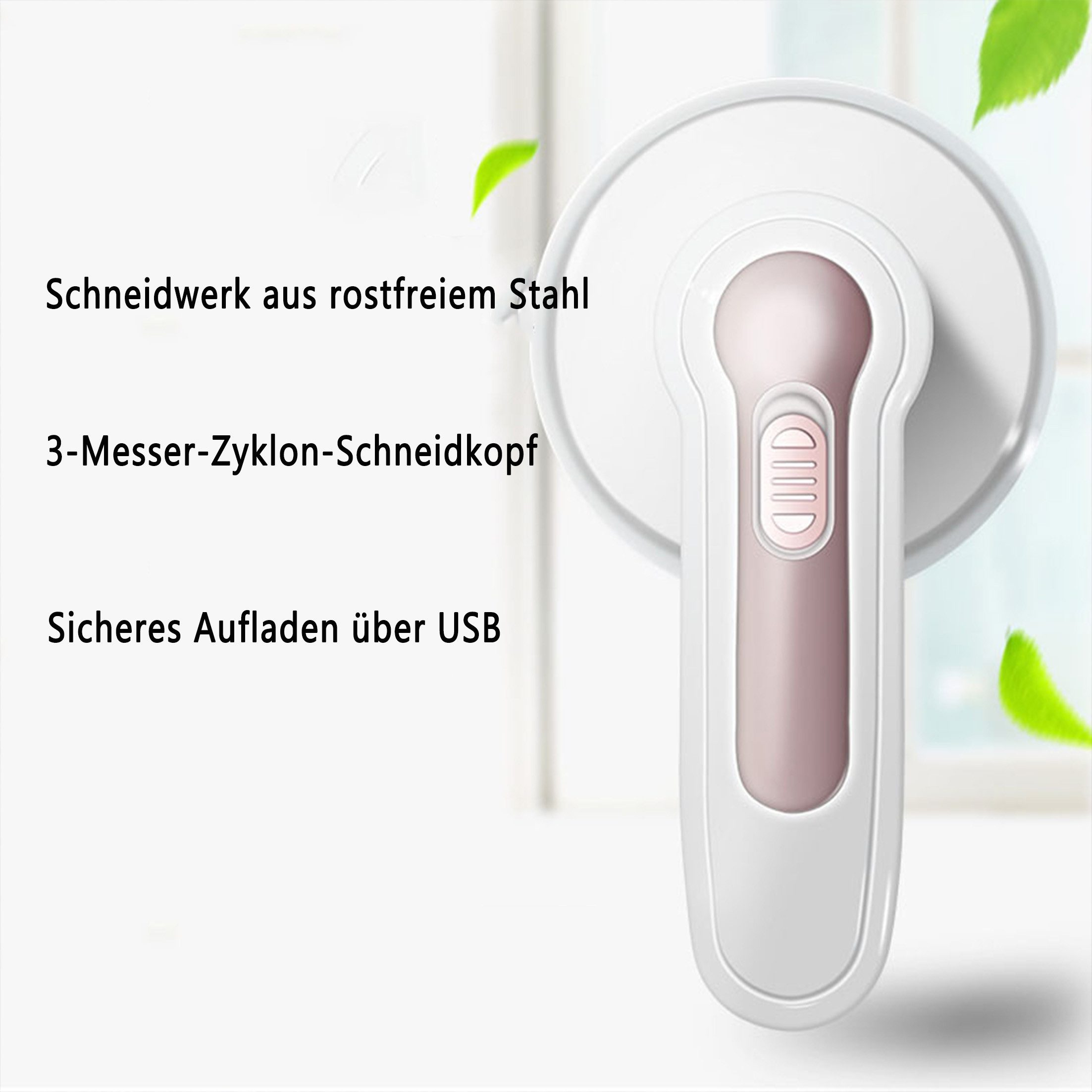 Weißer und rosafarbener Handmixer mit rundem Oberteil. Der Text lautet Edelstahl-Schneider, 3-Klingen-Kopf und USB-Aufladung.