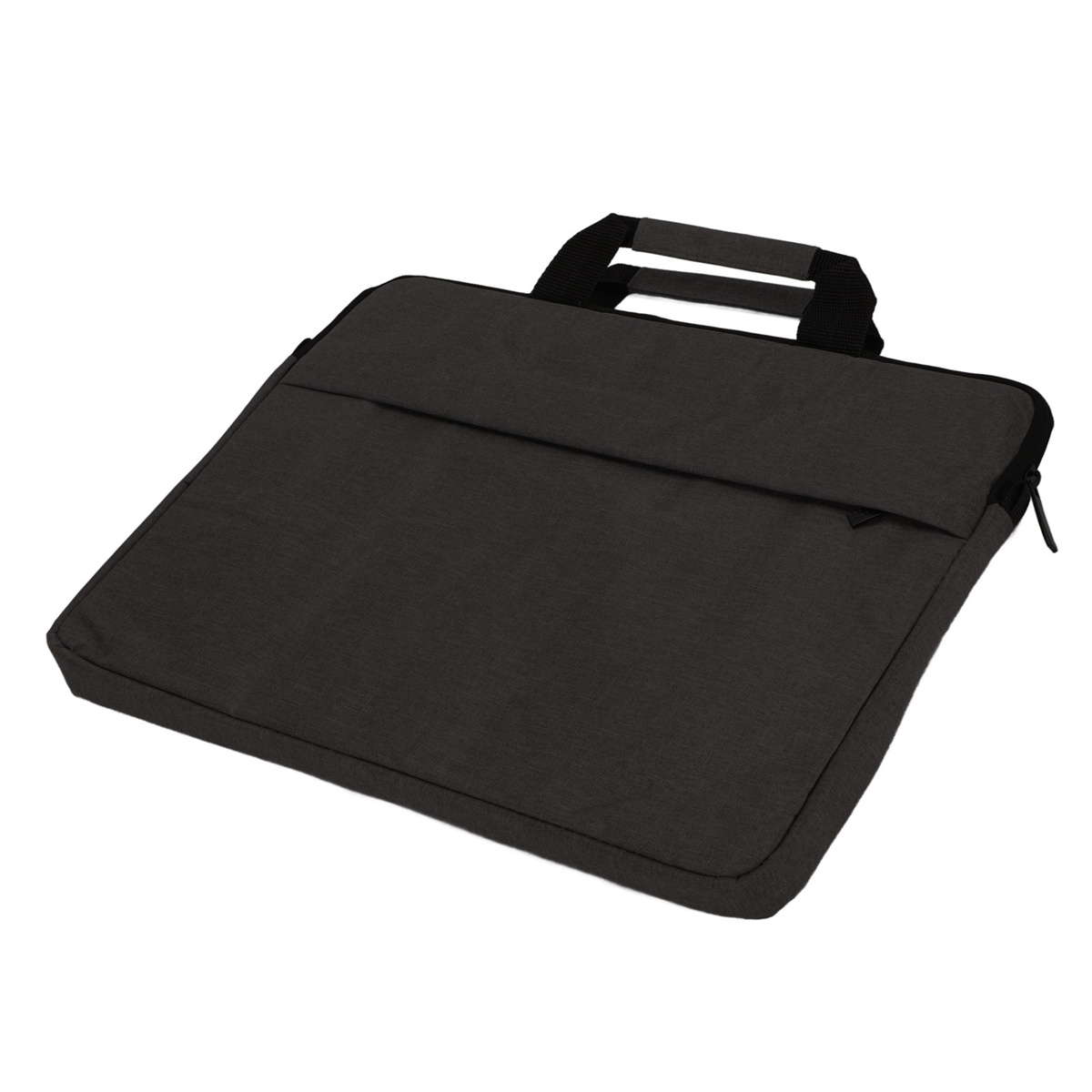 Eine schwarze Laptoptasche mit Griff und Reißverschlusstasche.