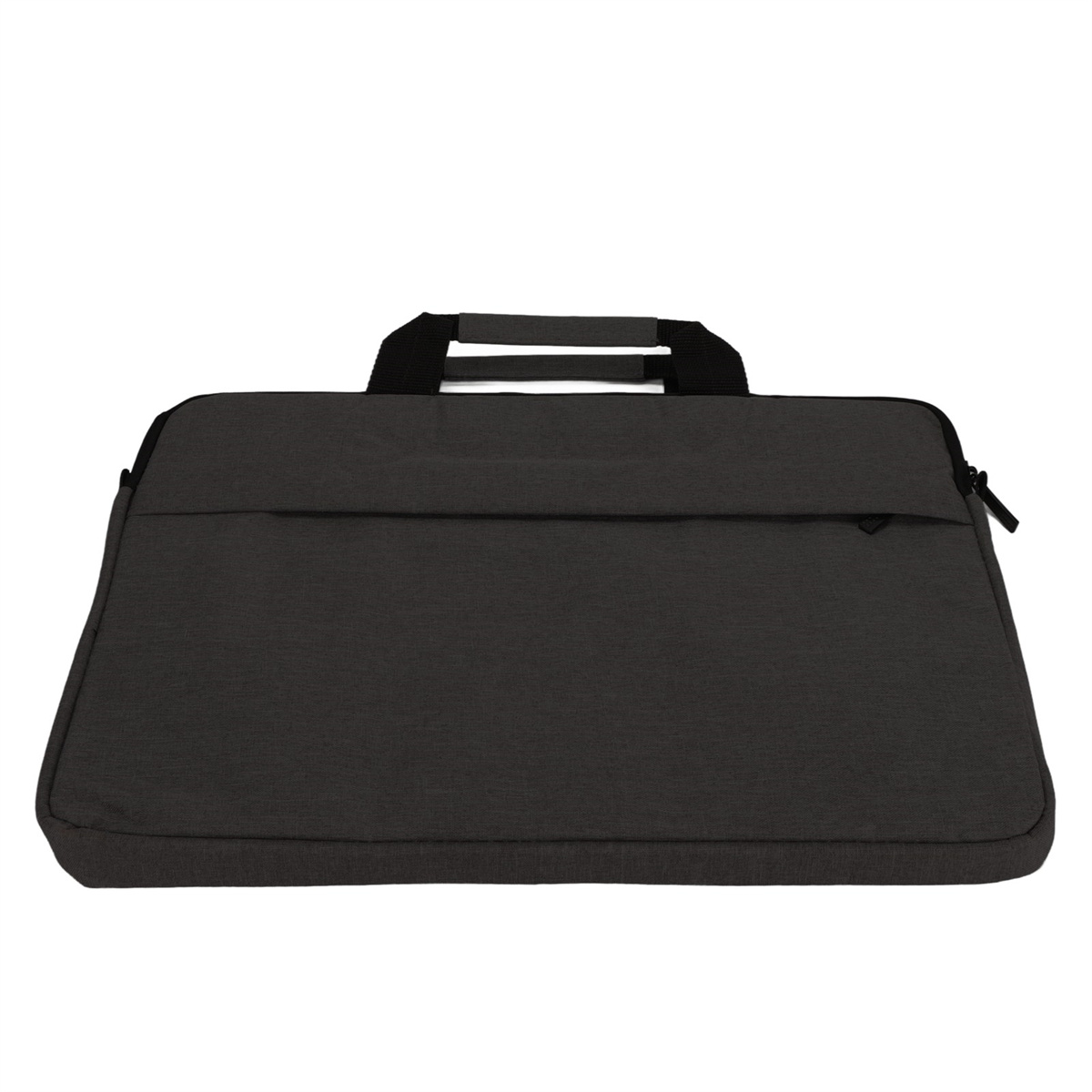 Schwarze Laptoptasche mit Griff. Die Tasche ist geschlossen, mit einem Reißverschluss.