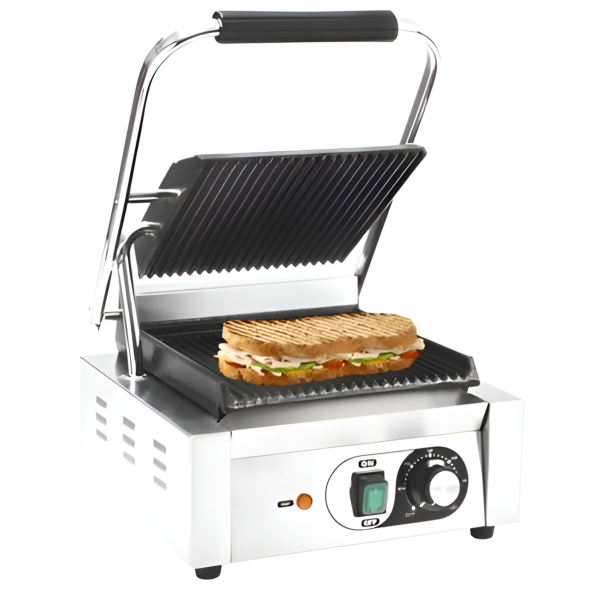 Ein Sandwich wird in einer Panini-Presse aus Edelstahl gegrillt.