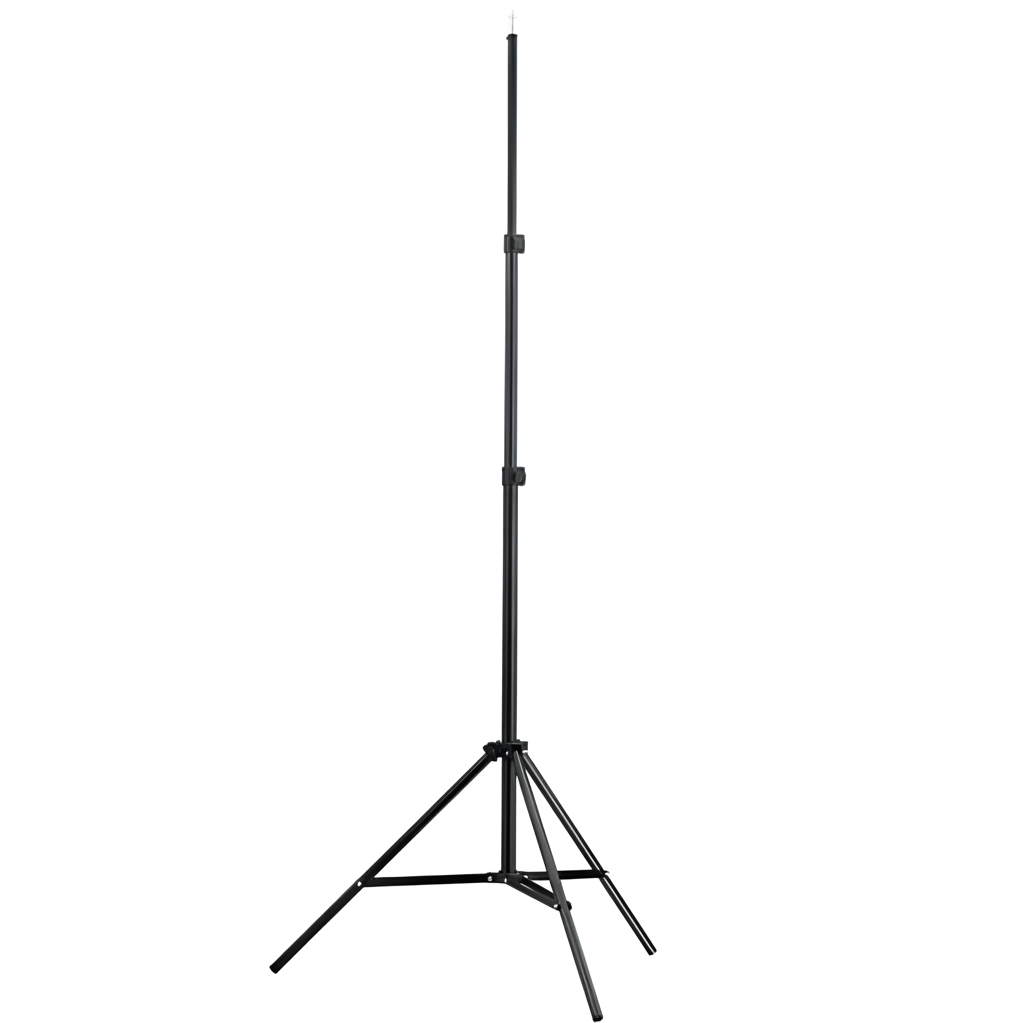 Schwarzes Fotostudio-Lichtstativ. Höhenverstellbar mit Dreibeinbasis. Weißer Hintergrund.