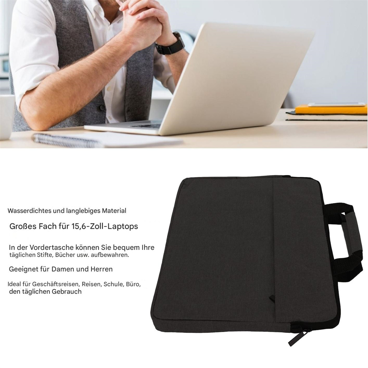 Eine Person an einem Schreibtisch mit einem Laptop und einer schwarzen Laptoptasche. Die Tasche hat einen Reißverschluss.