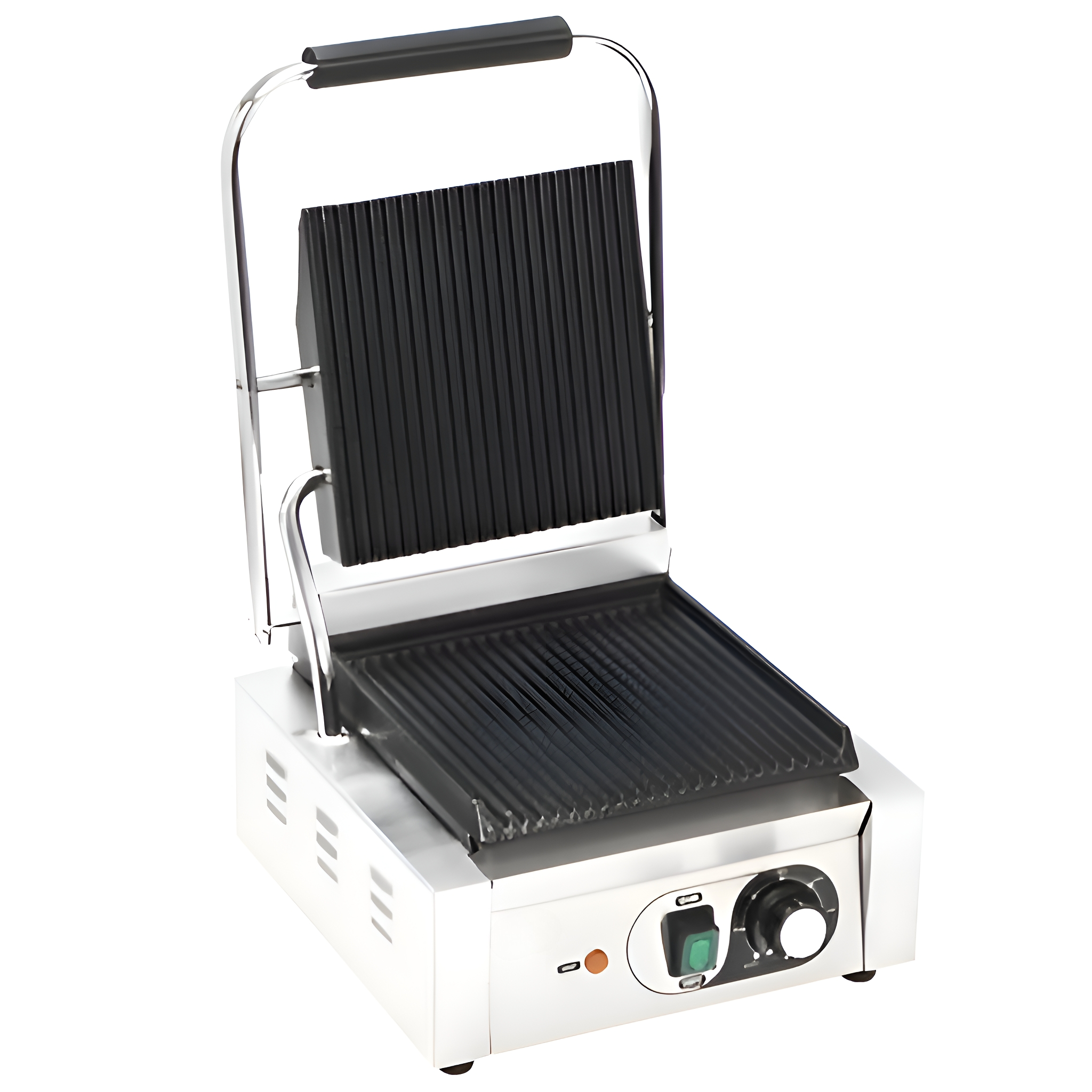 Ein offener Panini-Grill für den gewerblichen Gebrauch. Er besteht aus Edelstahl mit schwarzen Grillplatten.