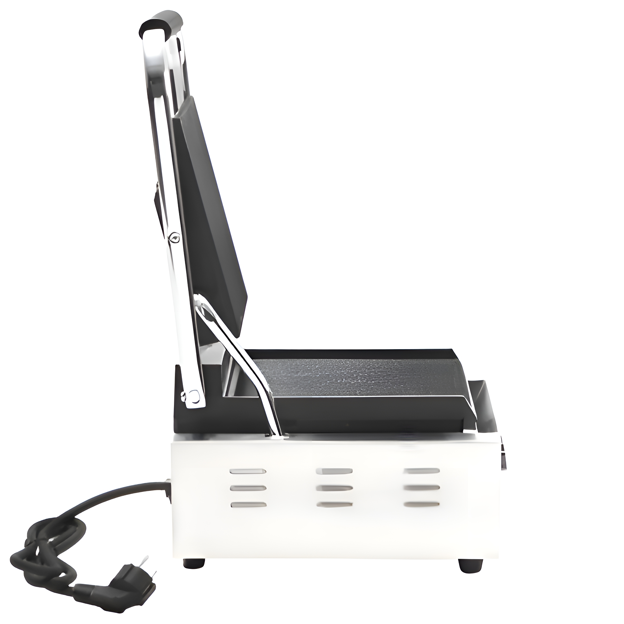 Ein weißer Panini-Grill mit geöffnetem Deckel. Er hat einen schwarzen Griff und ein Netzkabel.
