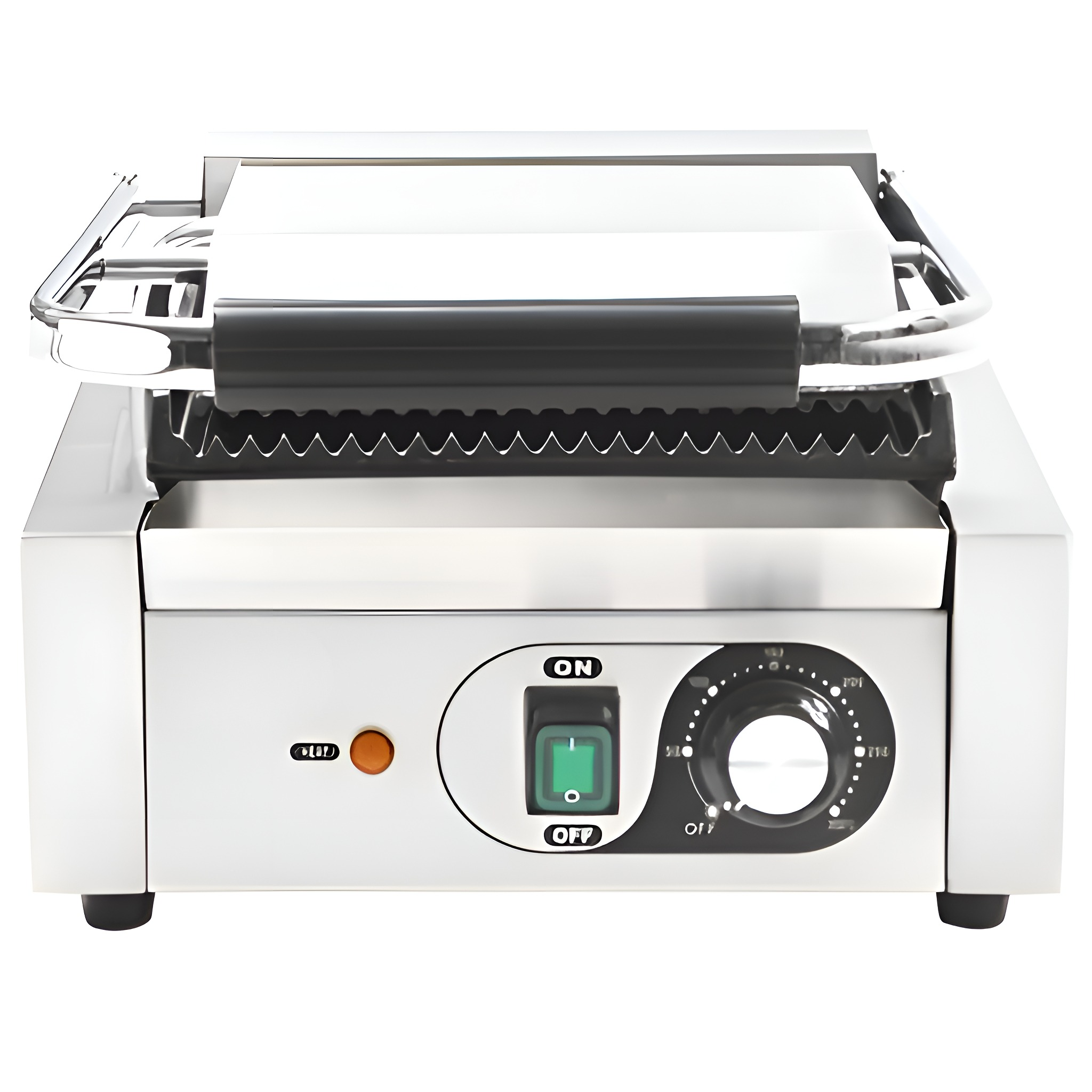 Ein silberner, Edelstahlgrill. Der Grill hat einen schwarzen Griff und steht auf einer weißen Oberfläche.