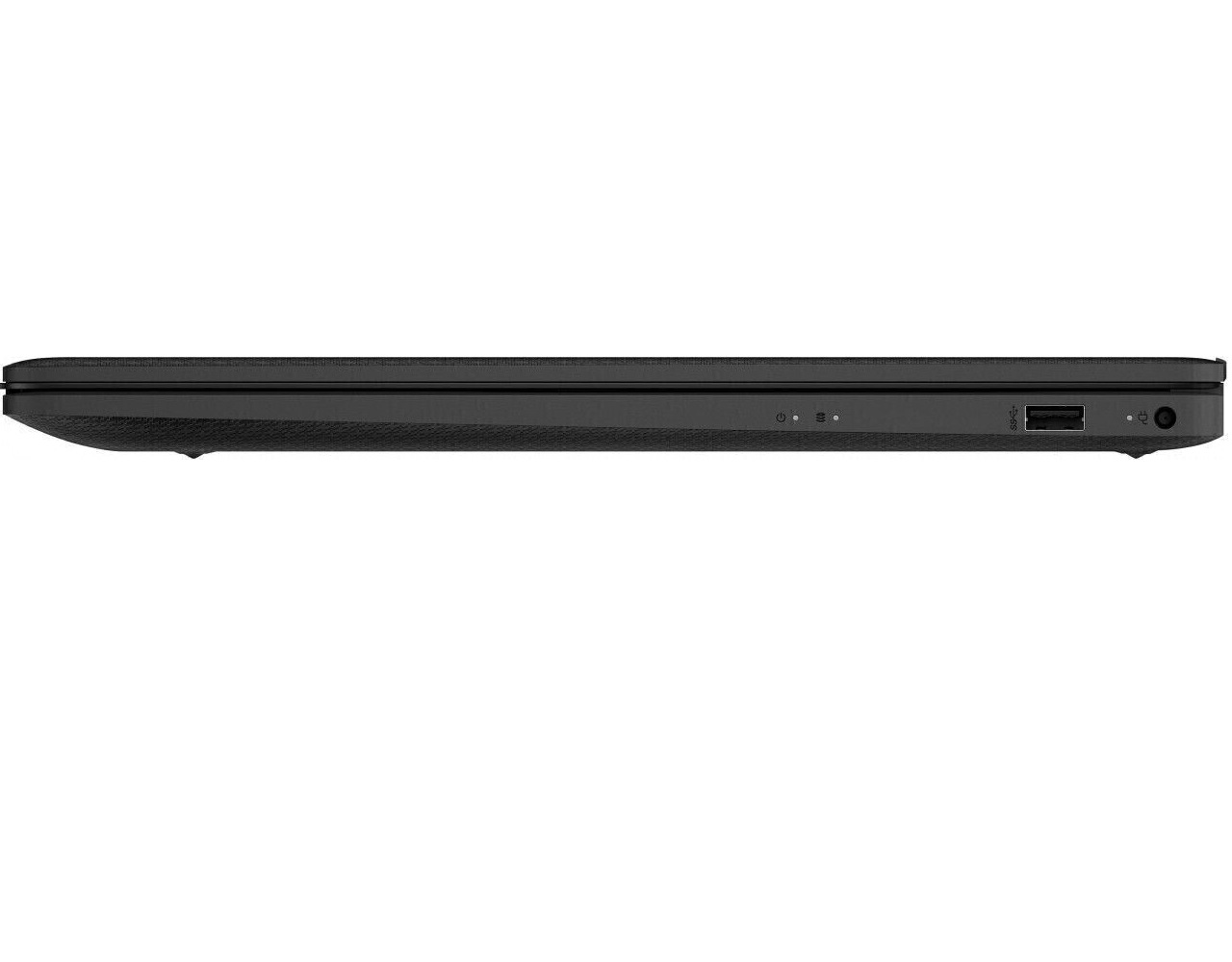 Schwarzer Laptop-Seitenansicht, mit sichtbaren Anschlüssen. Schlankes Design, dunkle Farbe, Anschlüsse an der Seite.