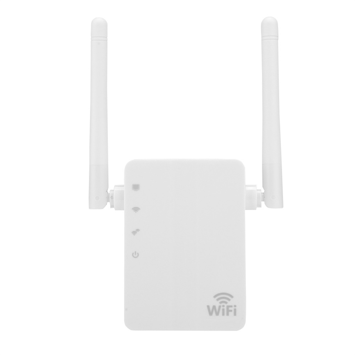 Weißer WLAN-Repeater mit zwei Antennen. Er hat eine Strom- und WLAN-Anzeige. Weißer Hintergrund.
