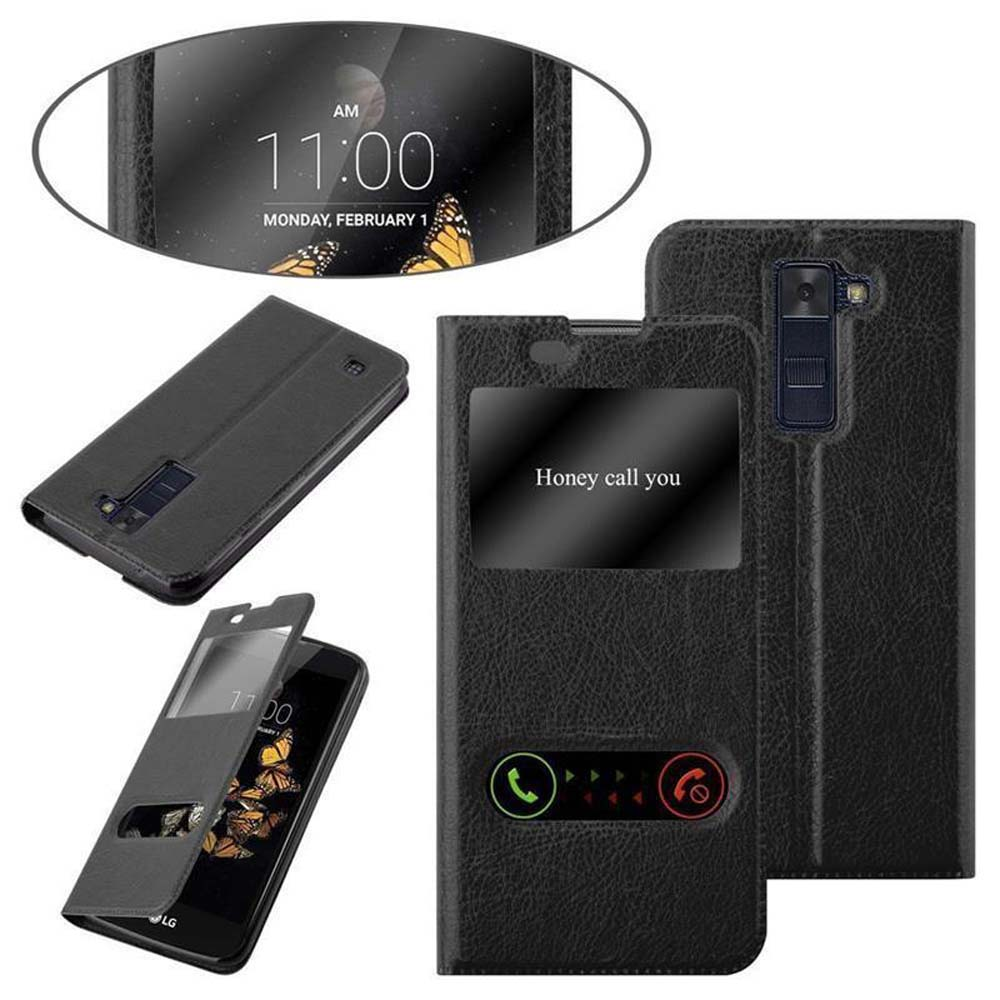 Eine schwarze Handyhülle mit Fenster, die ein LG-Telefon mit der Uhrzeit 11:00 zeigt. Text: Honey call you.