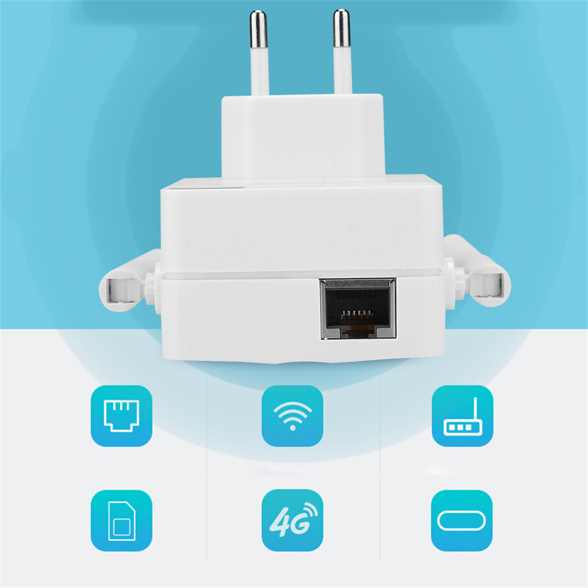 Weißer WLAN-Repeater mit Stecker und Antennen, darunter Symbole für Internet, WLAN und mobile Daten.