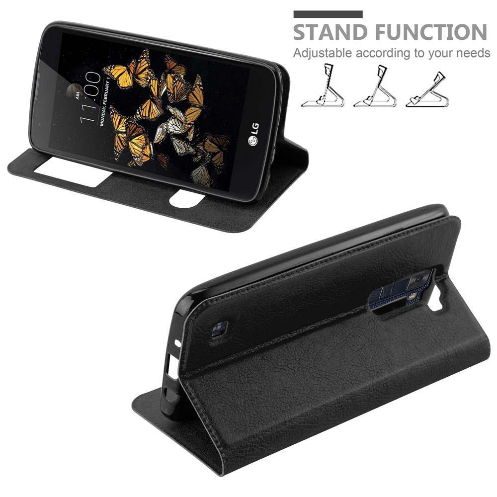 Schwarzes Telefon in einer Stand-Hülle, zeigt Standfunktion mit verschiedenen Winkeln. Text: 'Standfunktion'.