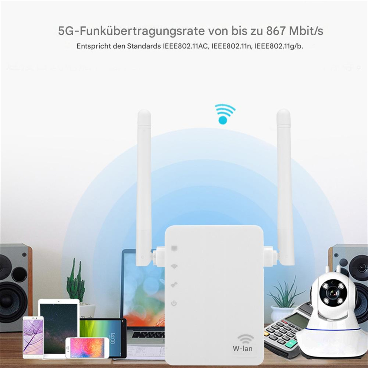 Ein weißes Gerät, zwei Antennen und mehrere elektronische Geräte. Text: 5G-Funkübertragungsrate.