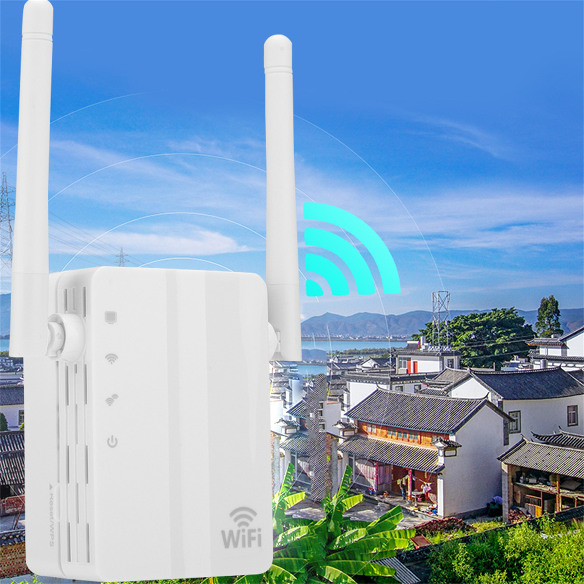 Ein weißer WLAN-Repeater mit Antennen. Er ist vor einem blauen Himmel mit einer Stadt im Hintergrund. Ein WLAN-Symbol wird angezeigt.