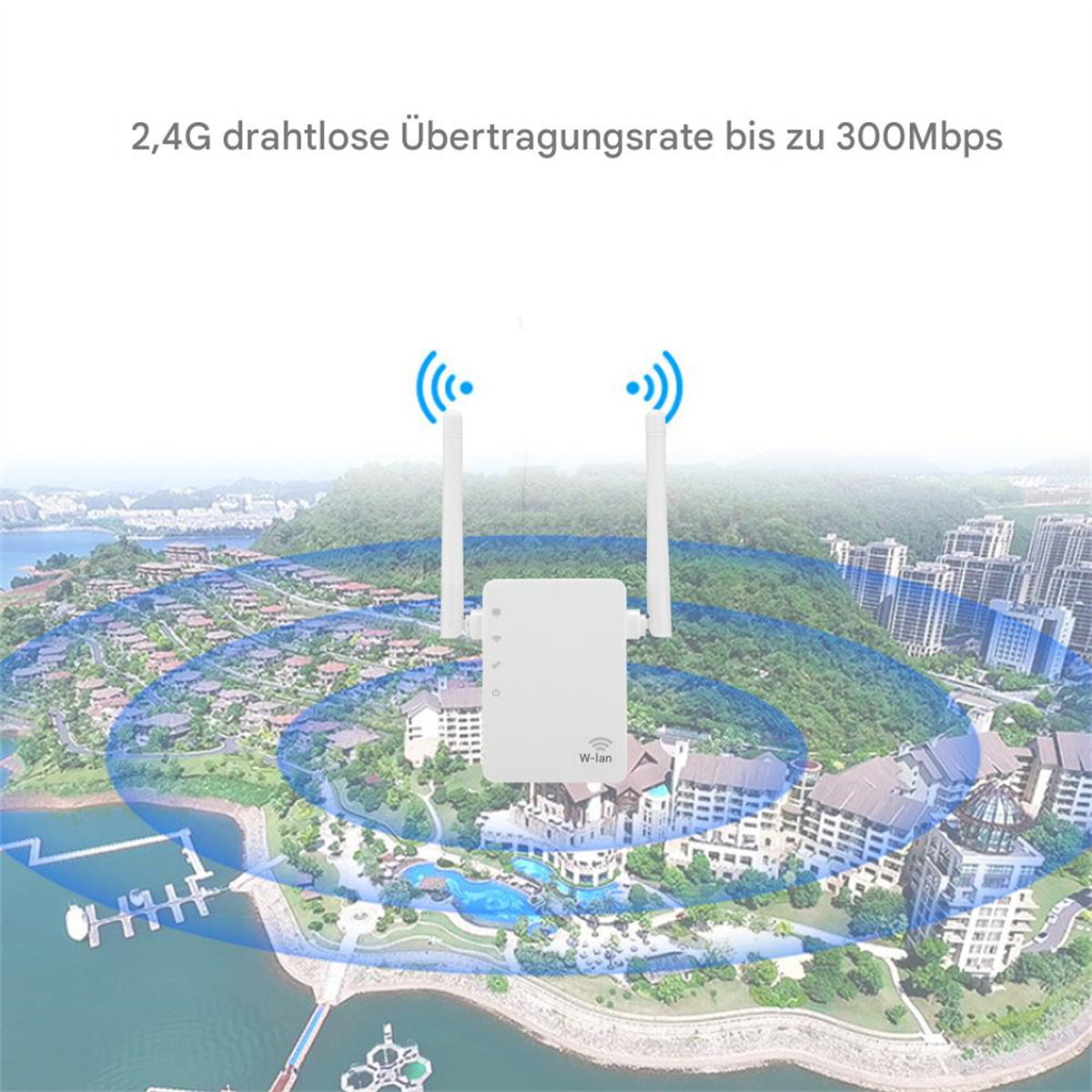 Weißer WLAN-Extender mit zwei Antennen, über einer Landschaft mit Gebäuden und Bäumen.