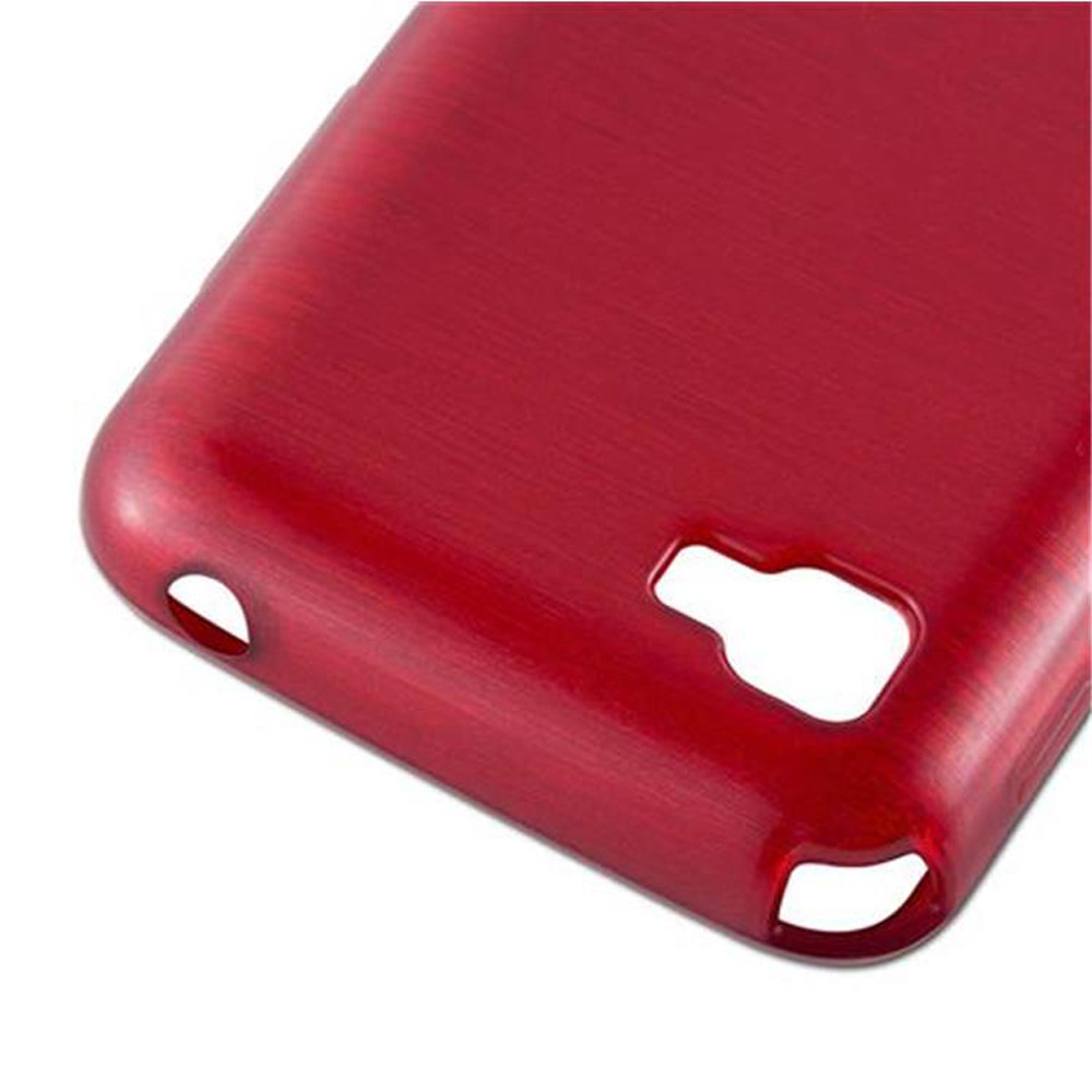 Eine rote Handyhülle mit Aussparungen für Kamera und andere Anschlüsse.