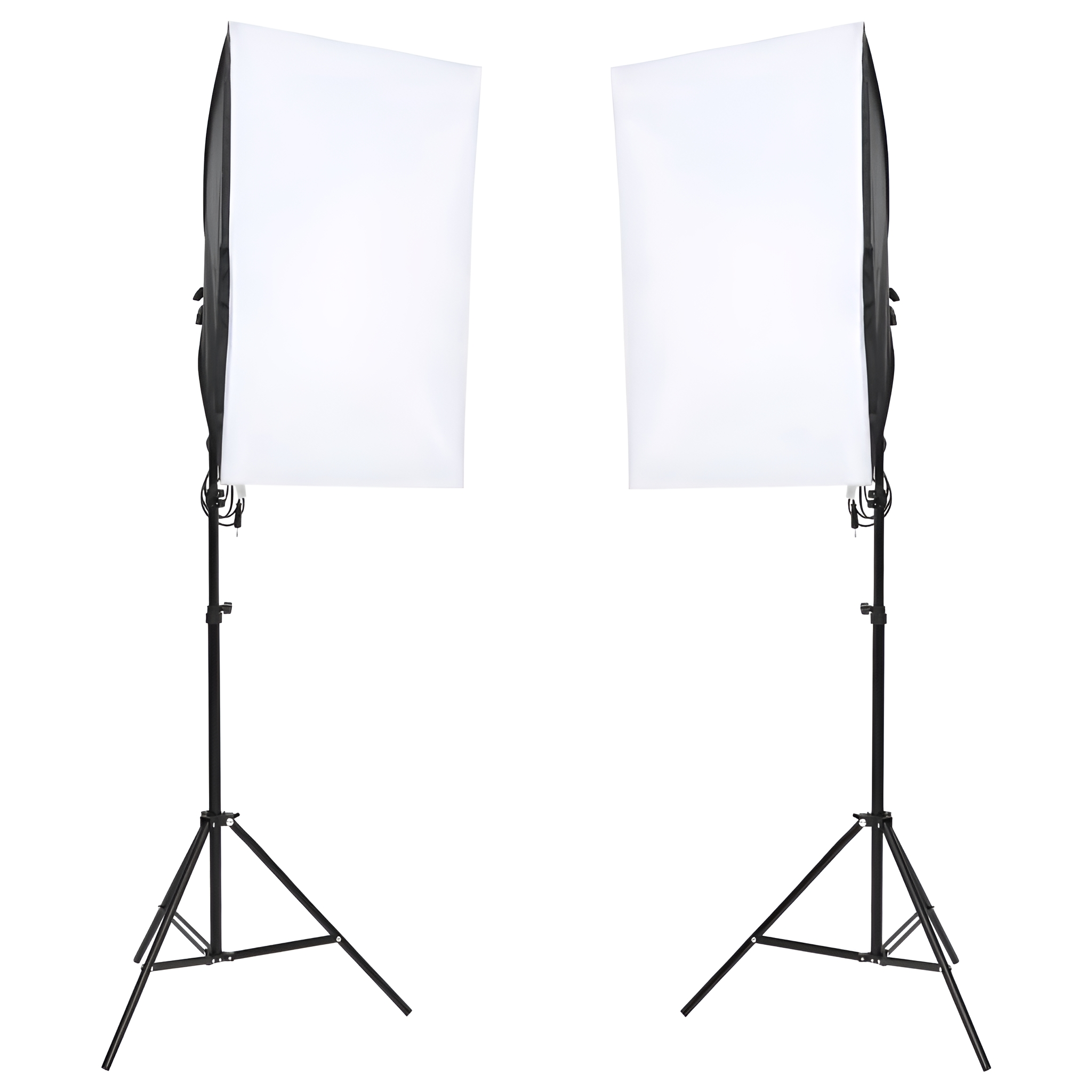 Zwei Studiolichter auf Ständern. Weiße Lichtdiffusoren. Schwarze Ständer auf weißem Hintergrund.