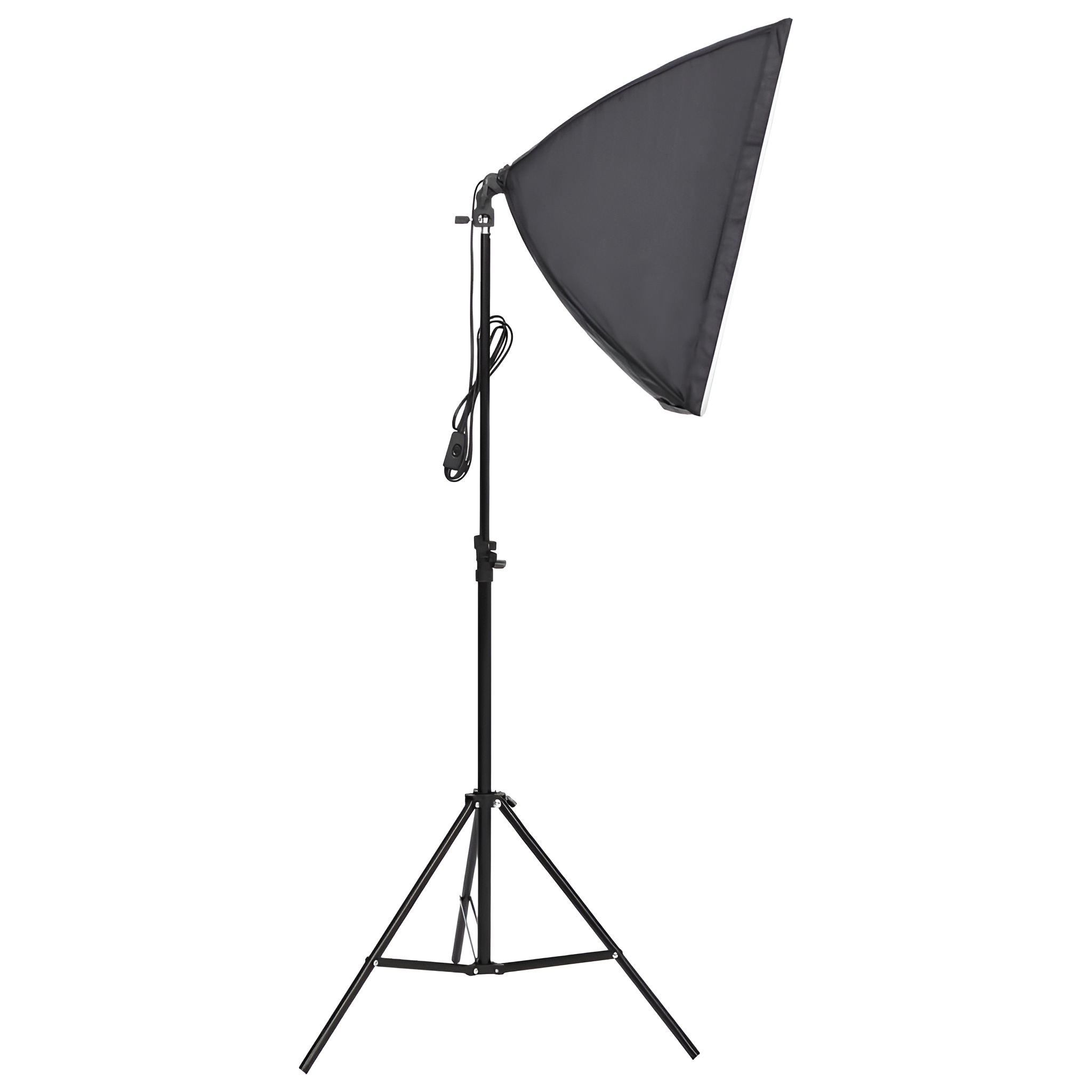 Schwarze Fotografie Softbox auf einem Ständer. Sie ist dreieckig und hat einen schwarz-weißen Innenraum.