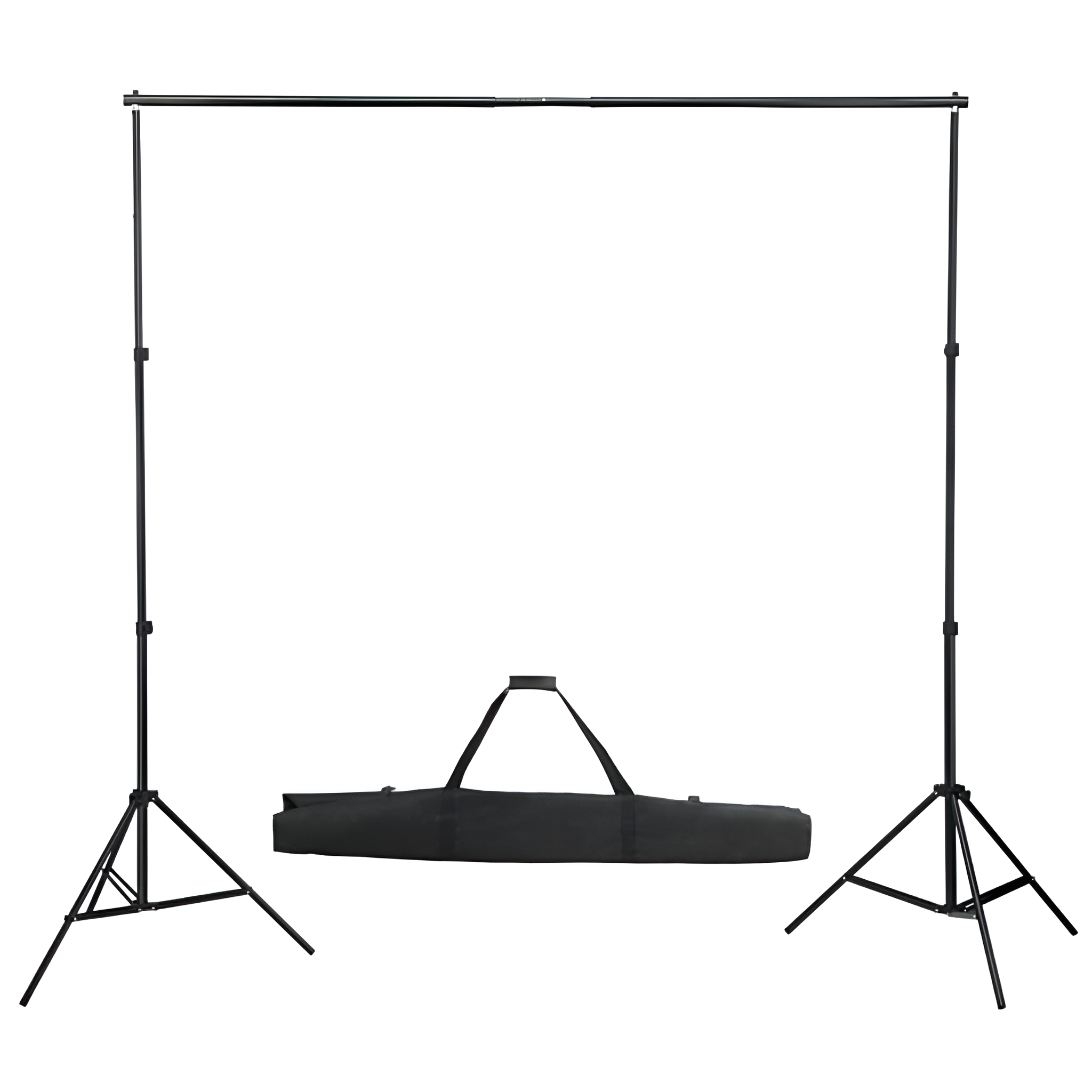Studio-Hintergrundständer mit schwarzen Stützen, horizontaler Stange und Tragetasche.