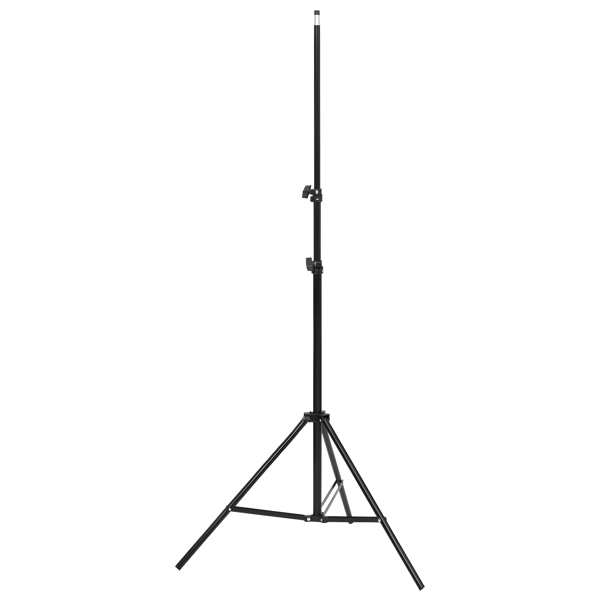 Schwarzes, verstellbares Lichtstativ mit Stativbasis. Es ist ein einfaches, vertikales Design.