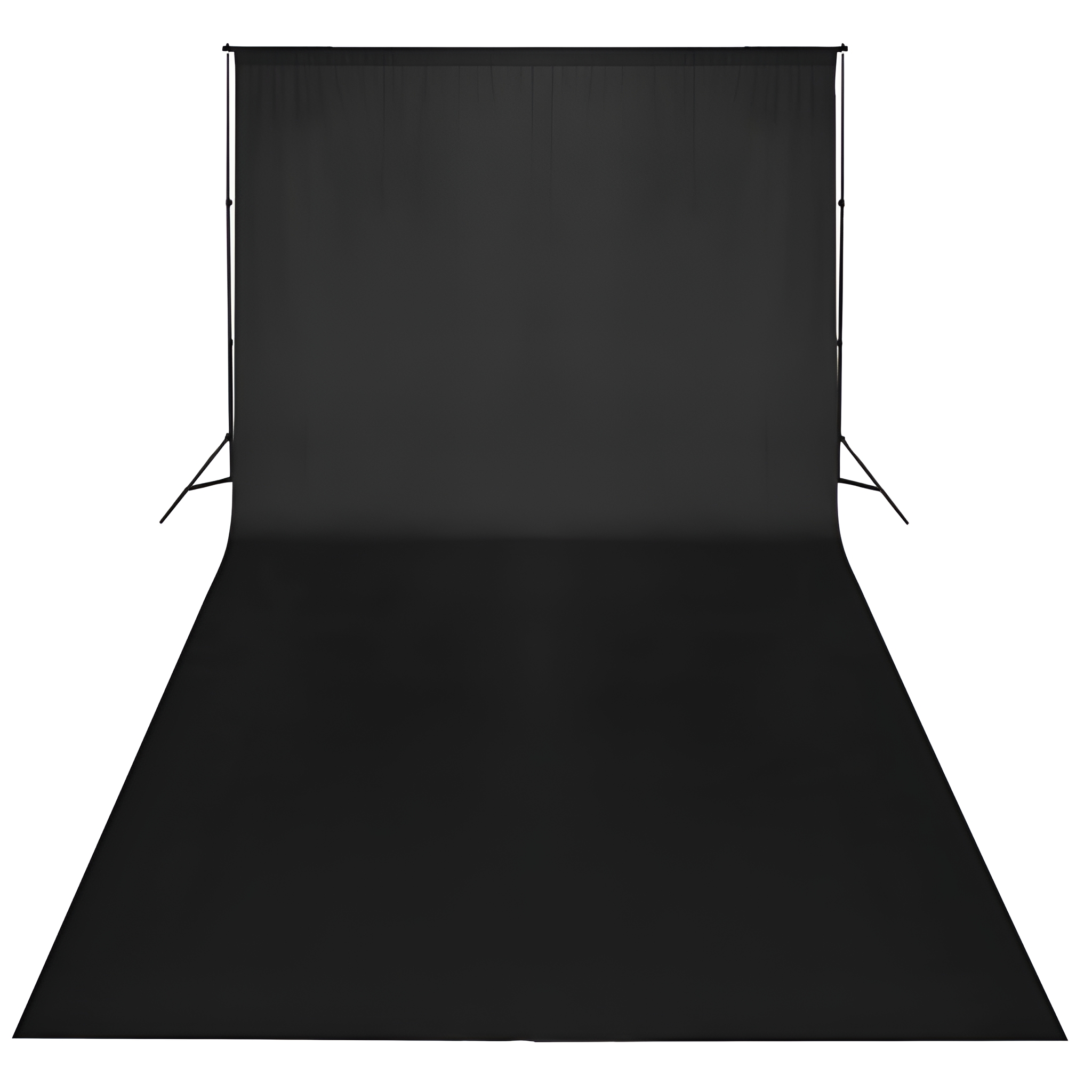Schwarzer Studio-Hintergrund mit zwei Ständern. Der Hintergrund ist eine große, nahtlose Oberfläche.