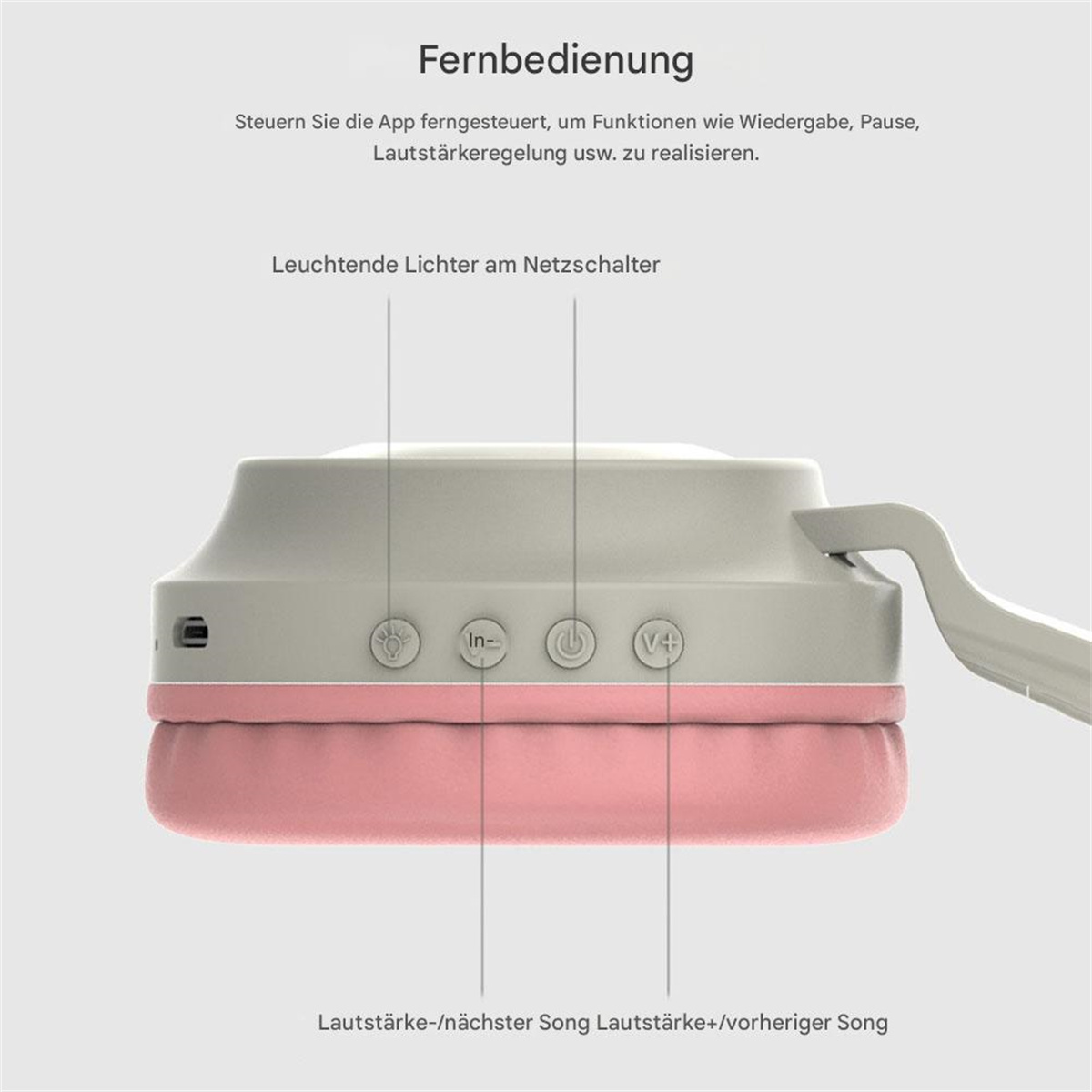 Ein rosa-graues Gerät mit Knöpfen und beschrifteten Bedienelementen. Text: Fernbedienung und Funktionsbeschreibungen.