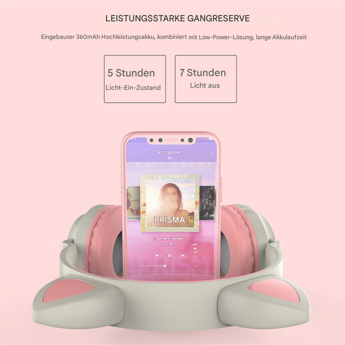 Telefon spielt Musik mit Kopfhörern drumherum. Das Telefon hat rosa Akzente. Text zeigt die Akkulaufzeit.