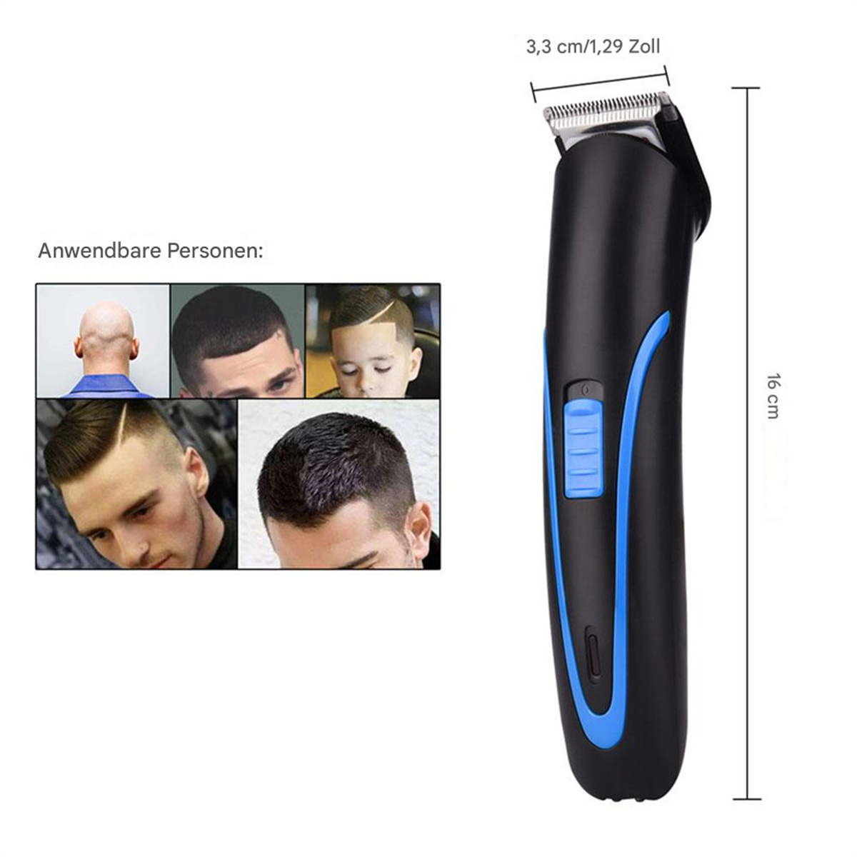 Schwarzer und blauer Haarschneider mit Beispielen für Frisuren bei verschiedenen Männern. Weißer Hintergrund.