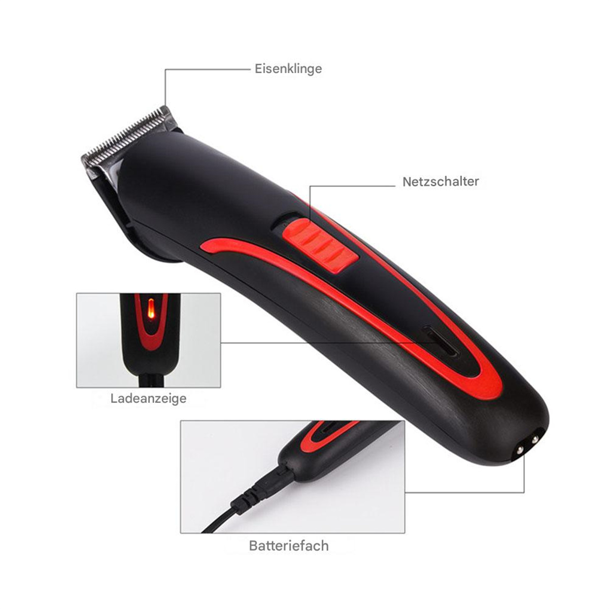 Schwarz-roter elektrischer Haarschneider mit Etiketten. Der Hintergrund ist weiß und gut beleuchtet.