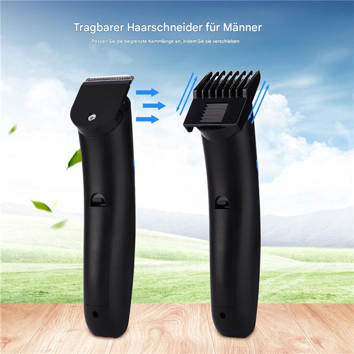 Zwei schwarze Haarschneidemaschinen mit Klingen, eine mit Aufsatz, vor Himmelshintergrund.