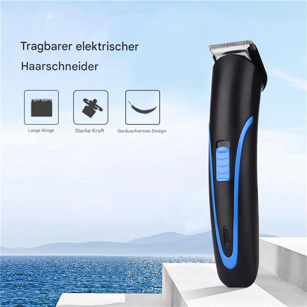 Schwarzer und blauer Haarschneider mit Symbolen. Hintergrund: Meer und Himmel.