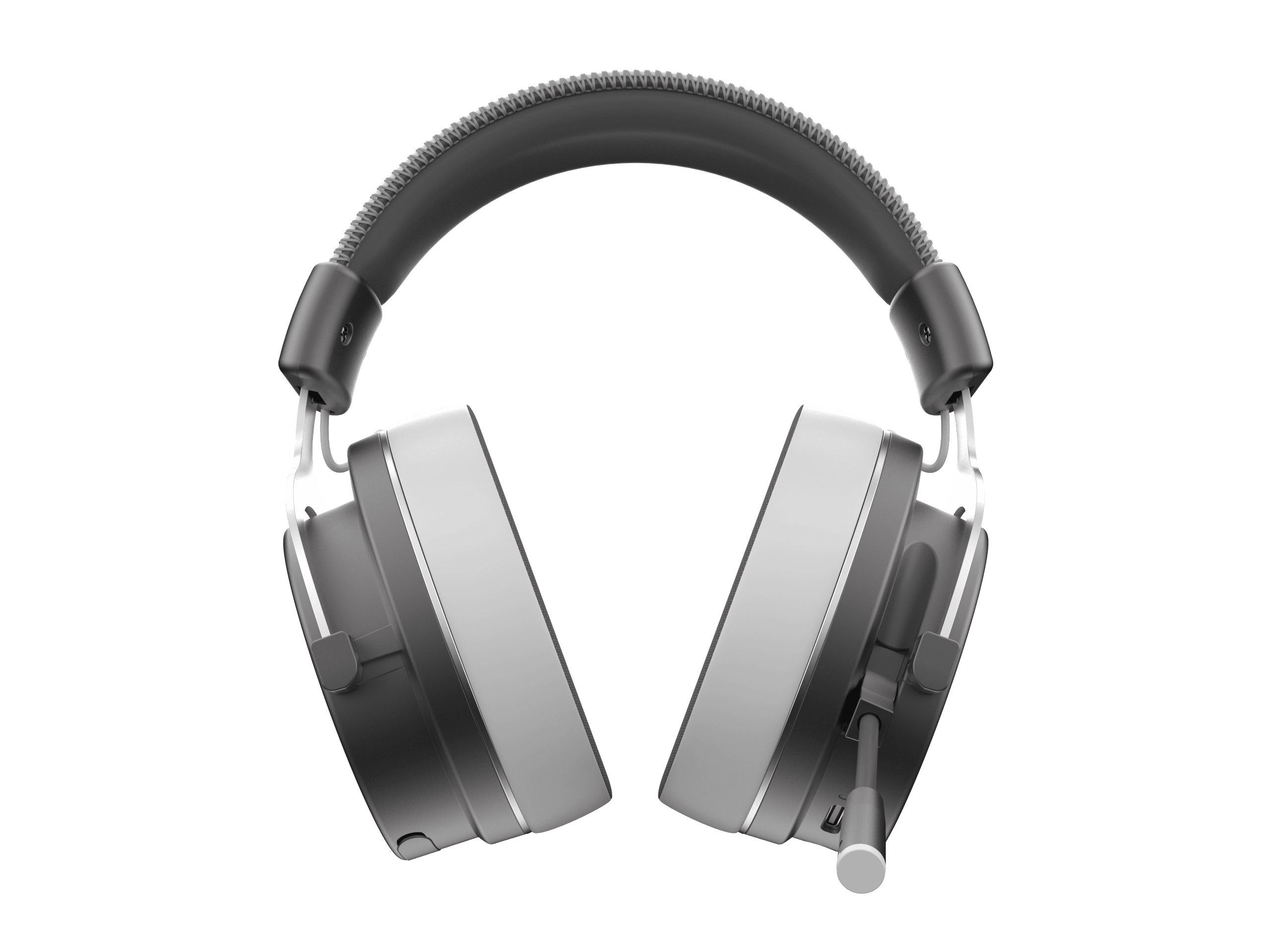 Over-ear koptelefoon met zwarte oorschelpen en hoofdband, microfoon, tegen zwarte achtergrond.