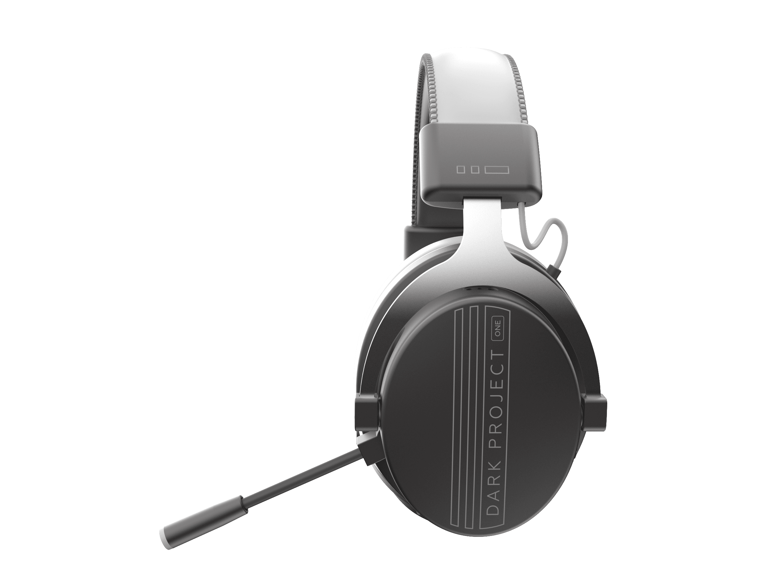 Een zwarte en grijze gamingheadset, met een uitgeschoven microfoon. Tekst luidt: DARK PROJECT ONE.